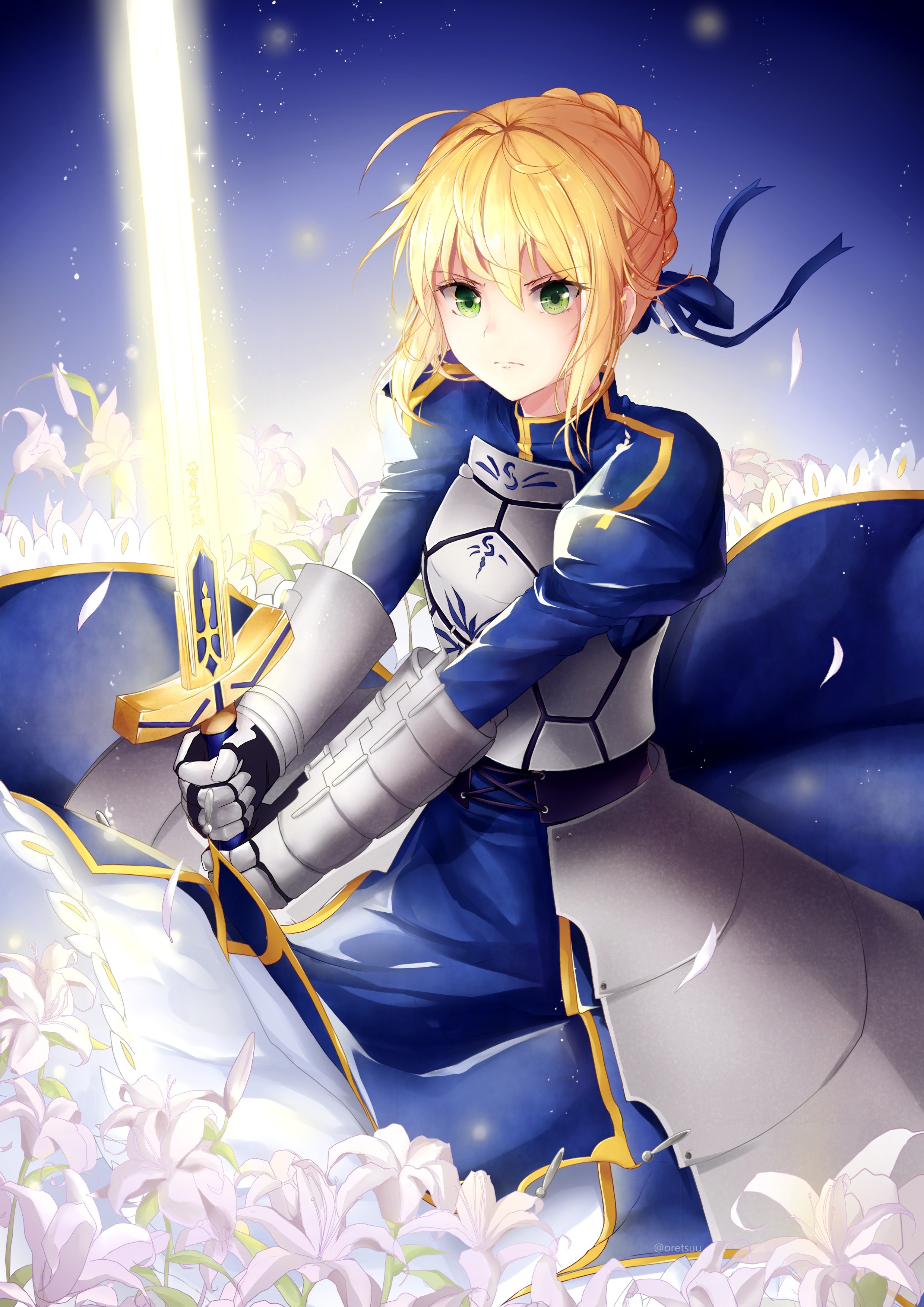 Anime 2480x3507 anime anime girls Fate/Stay Night Saber armor dress sword Fate series Pixiv women with swords weapon fantasy art fantasy girl blonde green eyes