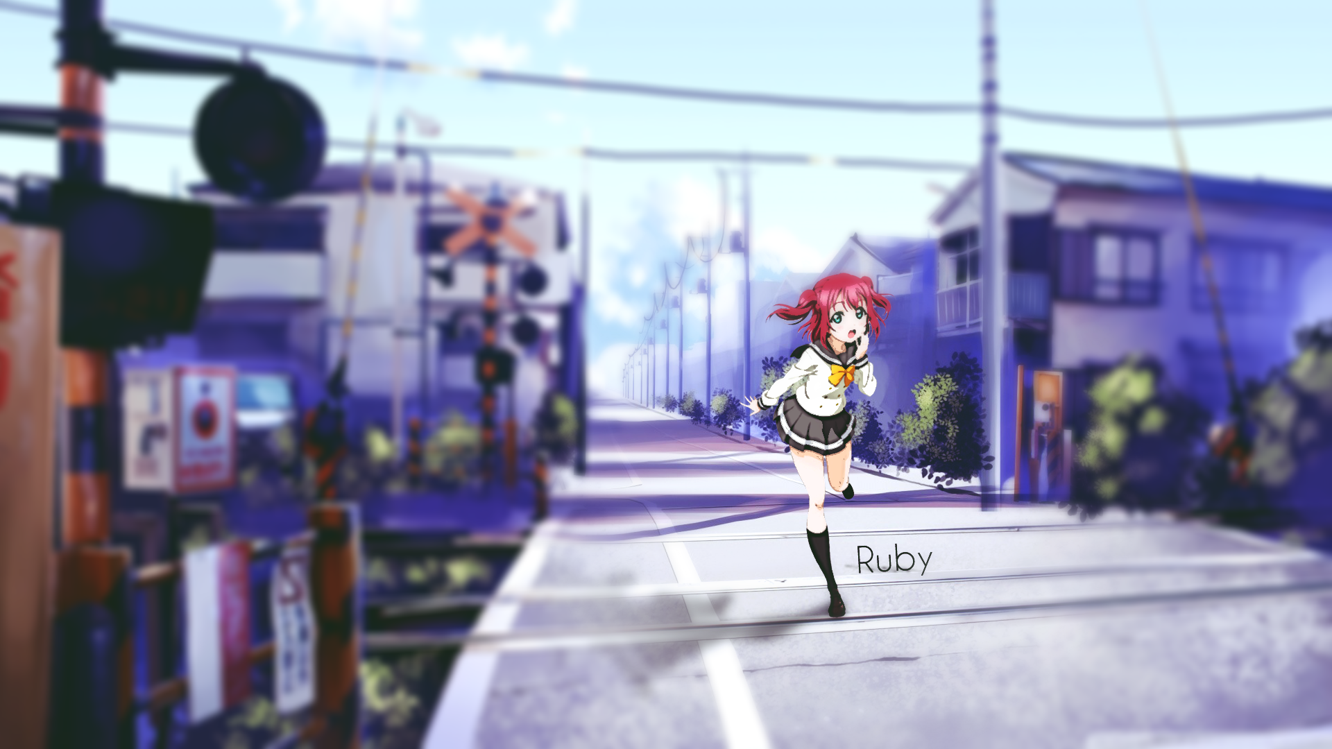 Anime 1920x1080 Love Live! Kurosawa Ruby anime girls urban miniskirt red eyes women outdoors street skirt socks running open mouth