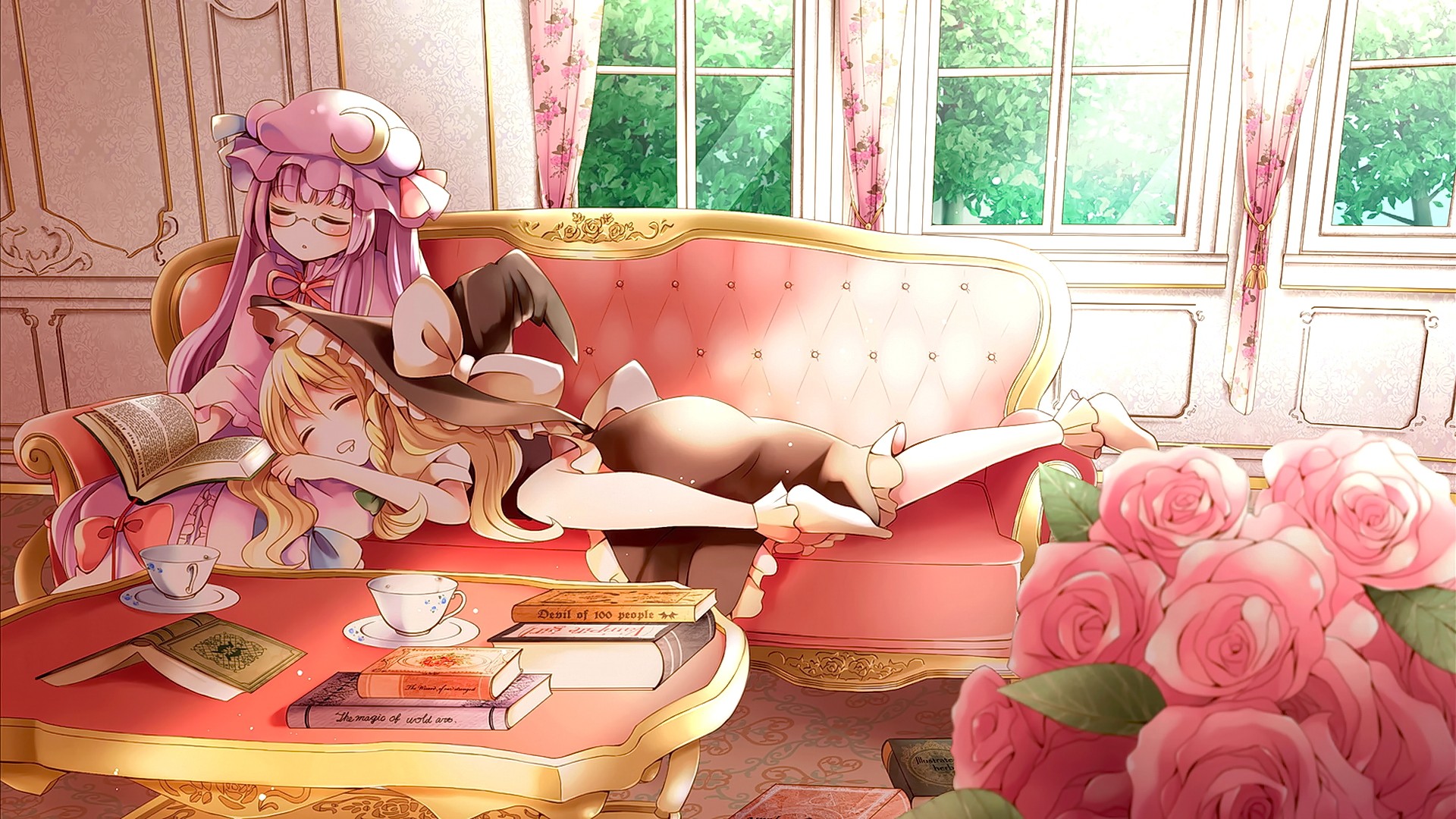 Anime 1920x1080 anime anime girls closed eyes long hair hat flowers sleeping witch Touhou Patchouli Knowledge Kirisame Marisa two women women indoors couch books cup witch hat pink hair blonde lying on couch