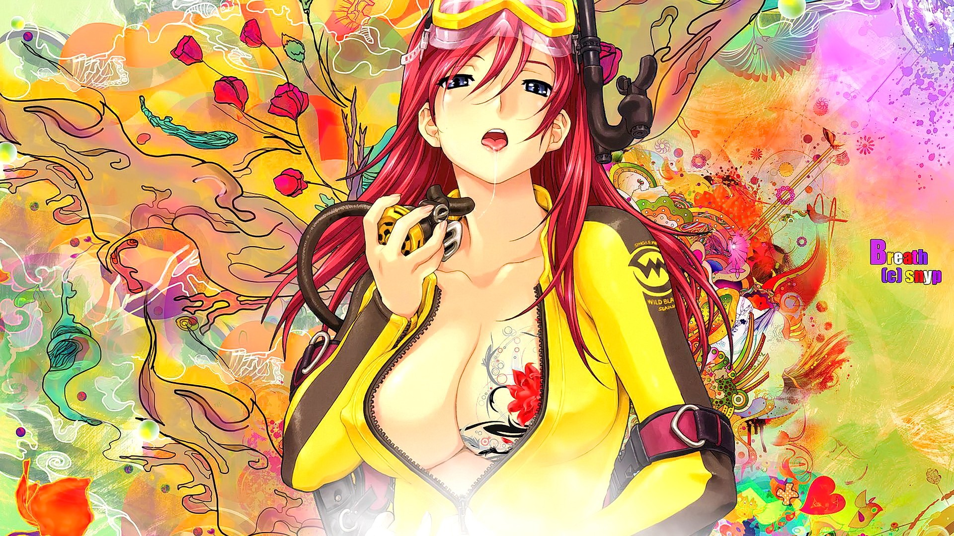 Anime 1920x1080 anime anime girls long hair looking at viewer flowers Snyp Happoubi Jin redhead open mouth tongues tongue out boobs big boobs huge breasts