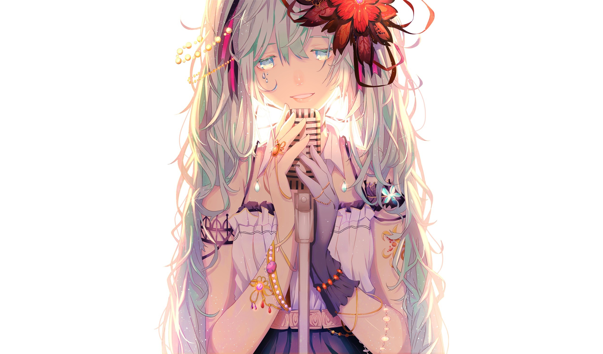 Anime 2555x1500 Vocaloid Hatsune Miku cyan hair aqua eyes flowers twintails gloves frontal view anime girls anime white background simple background music singer microphone long hair