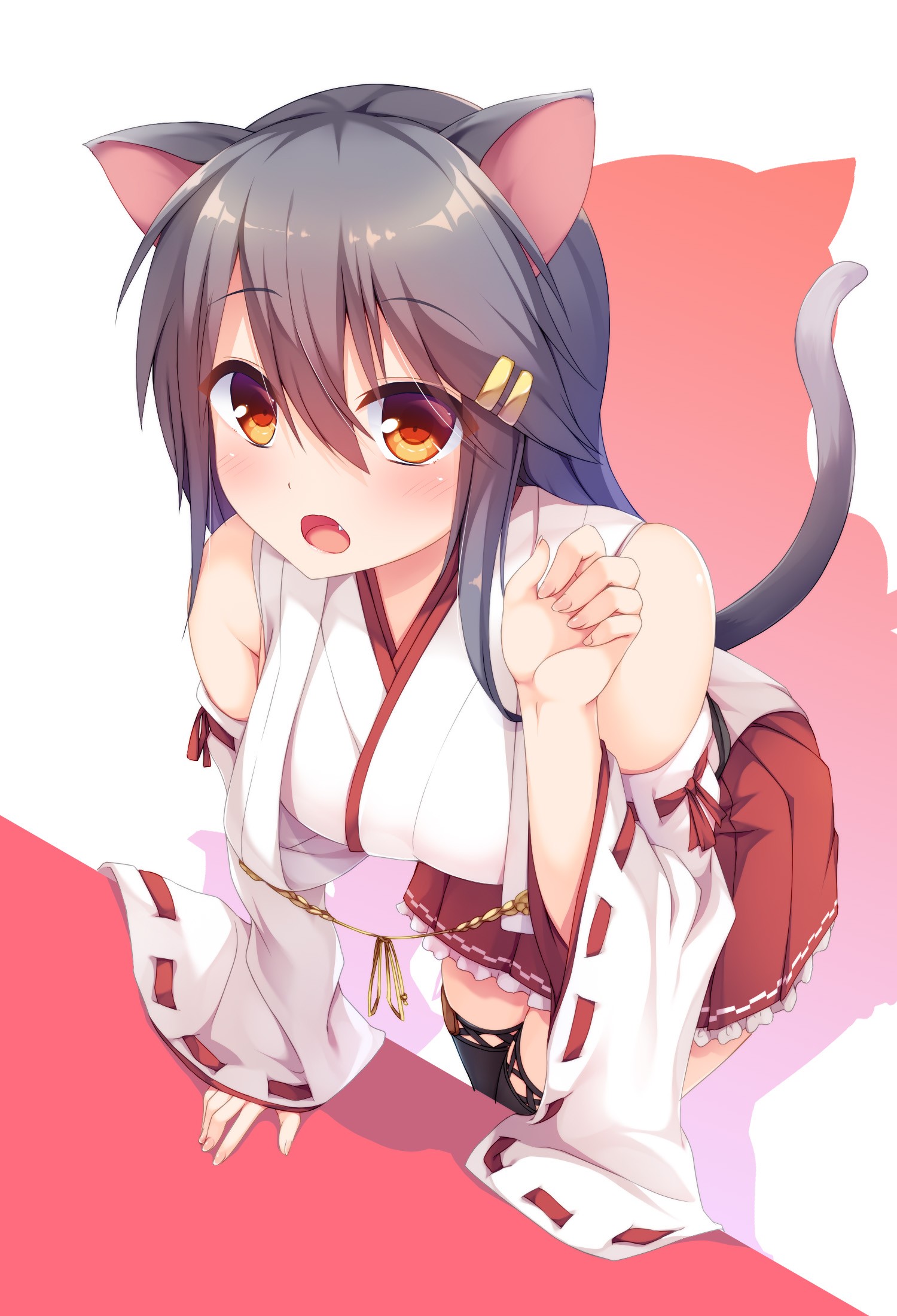 Anime 1500x2200 Kantai Collection Haruna (KanColle) animal ears cat girl tail thigh-highs miko anime anime girls open mouth looking at viewer white background