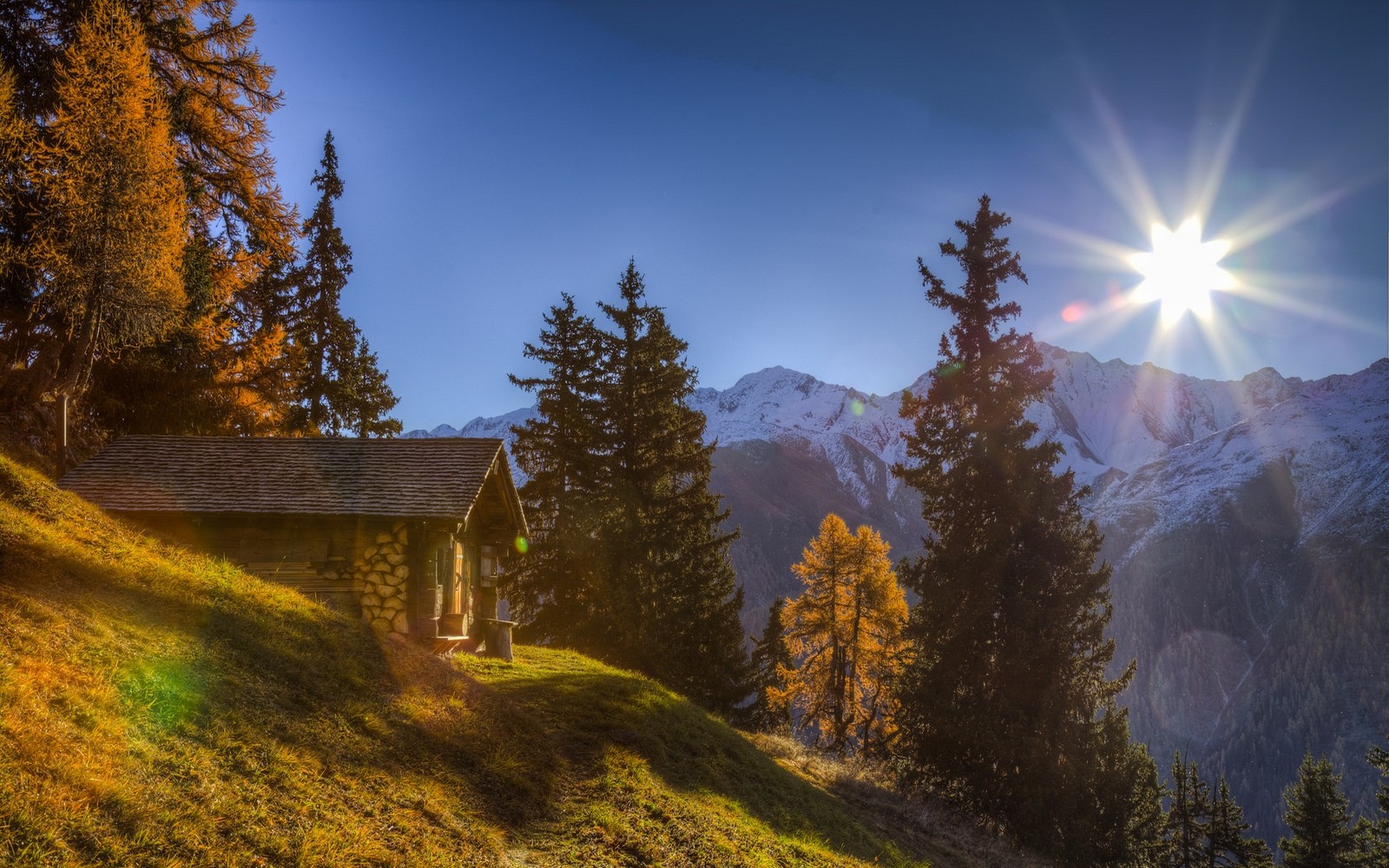 General 1600x1000 nature landscape cabin mountains sunlight forest grass snowy peak fall Switzerland