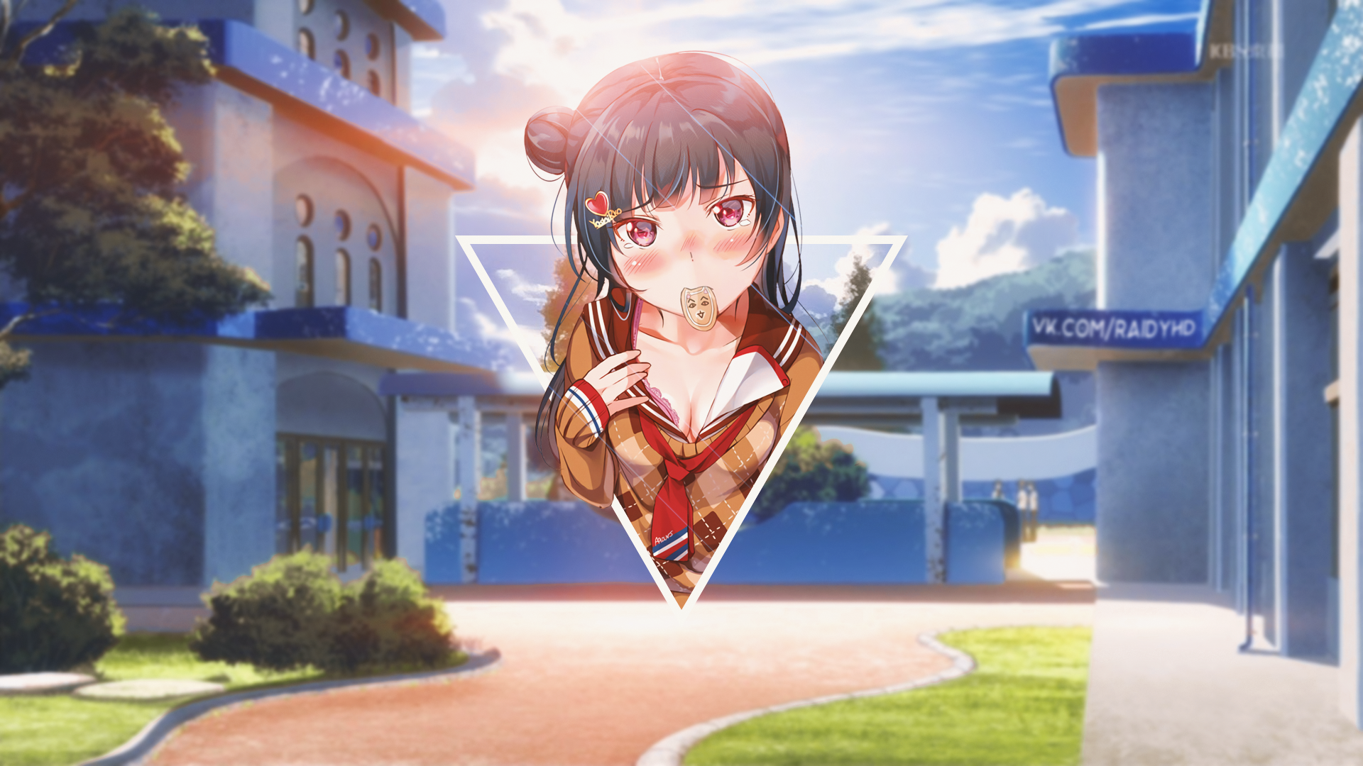 Anime 1920x1080 anime anime girls picture-in-picture school schoolgirl blushing Nagi no Asukara red eyes dark hair triangle Love Live! Sunshine Tsushima Yoshiko