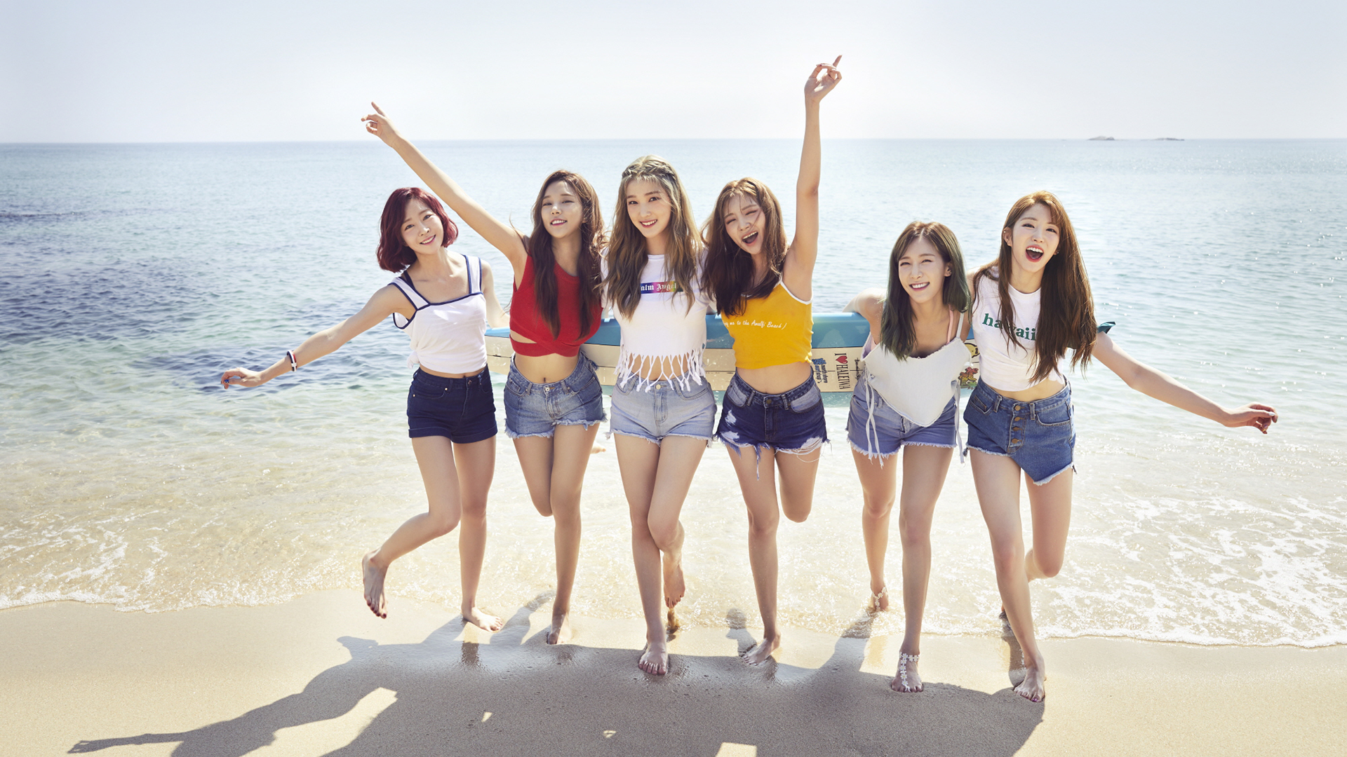 People 1920x1080 K-pop women group of women women outdoors beach arms up jean shorts Asian social gathering