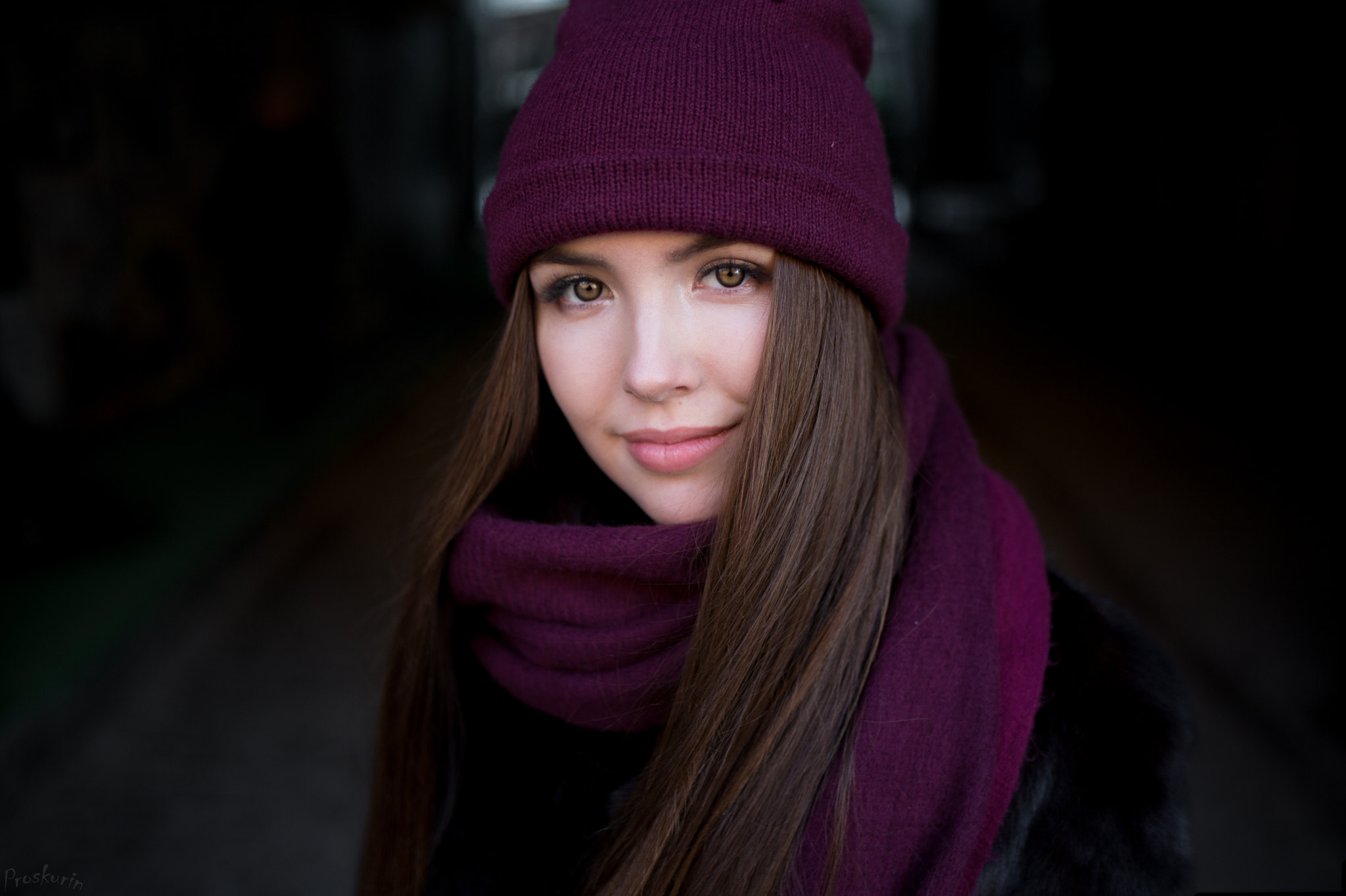 People 2048x1365 women smiling face portrait scarf long hair Ivan Proskurin looking at viewer brunette straight hair Yana Zorina knit hat purple classy glamour glamour girls fur coats black coat blushing model