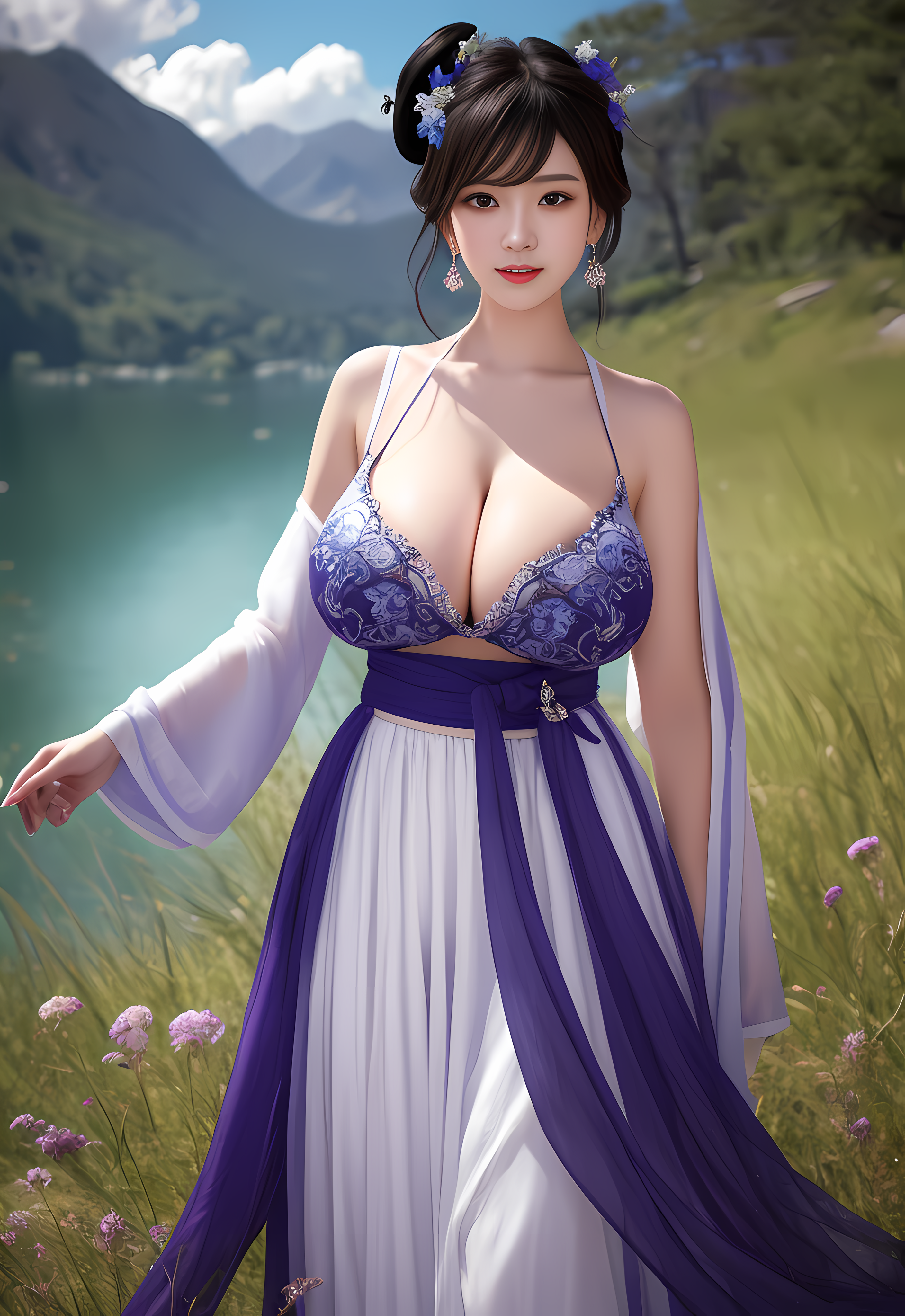 General 2816x4096 women Asian Chinese women brunette AI art Stable Diffusion dress cleavage artwork digital art Pastania portrait display looking at viewer big boobs flowers water flower in hair