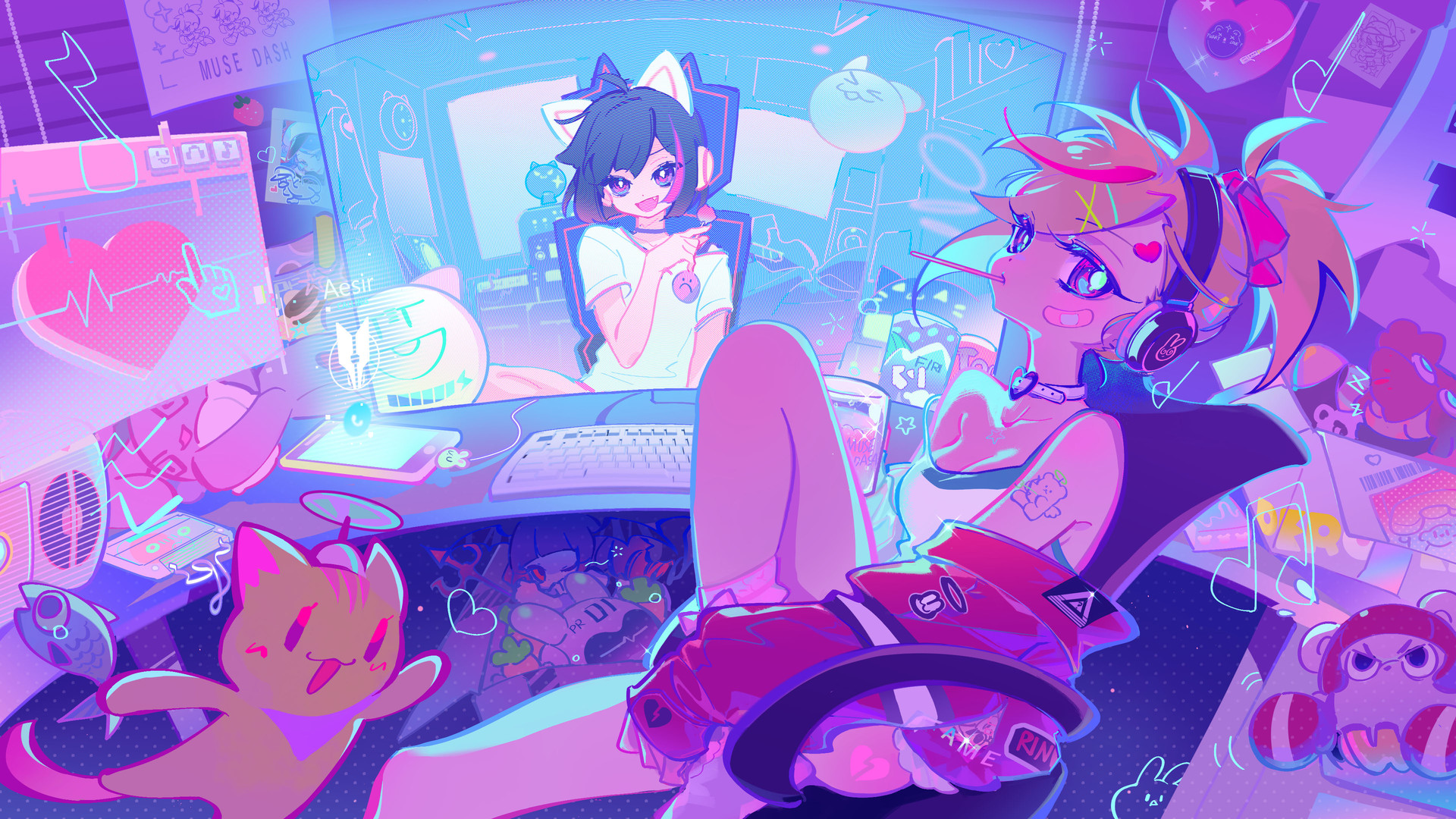 Anime 1920x1080 MuseDash video game girls headphones computer blonde looking at viewer cat ears colorful chair anime girls band-aid fish animals cats heart sitting choker lollipop