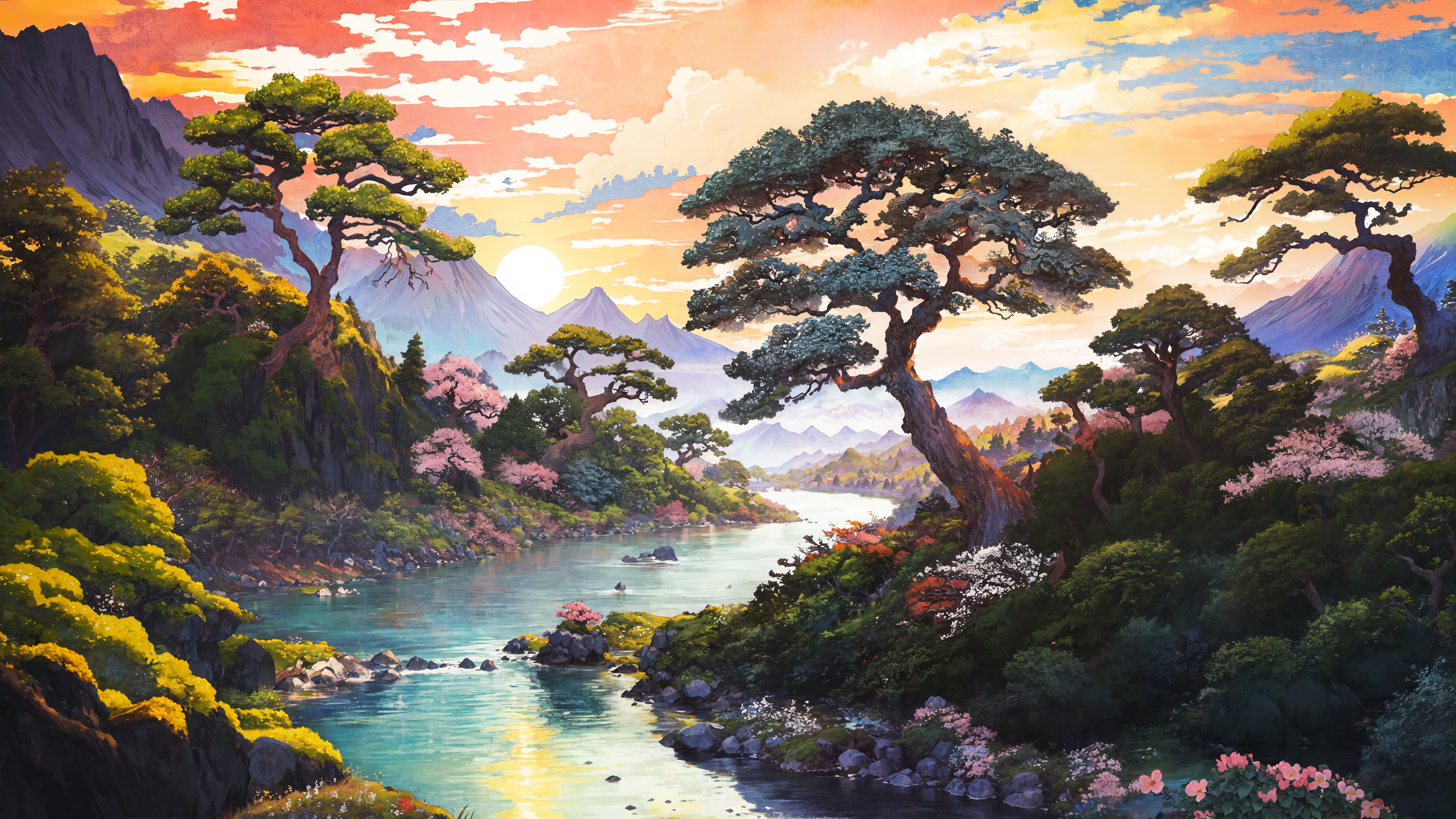 General 3840x2160 4K nature AI art artwork landscape river trees forest Sun mountains clouds rocks