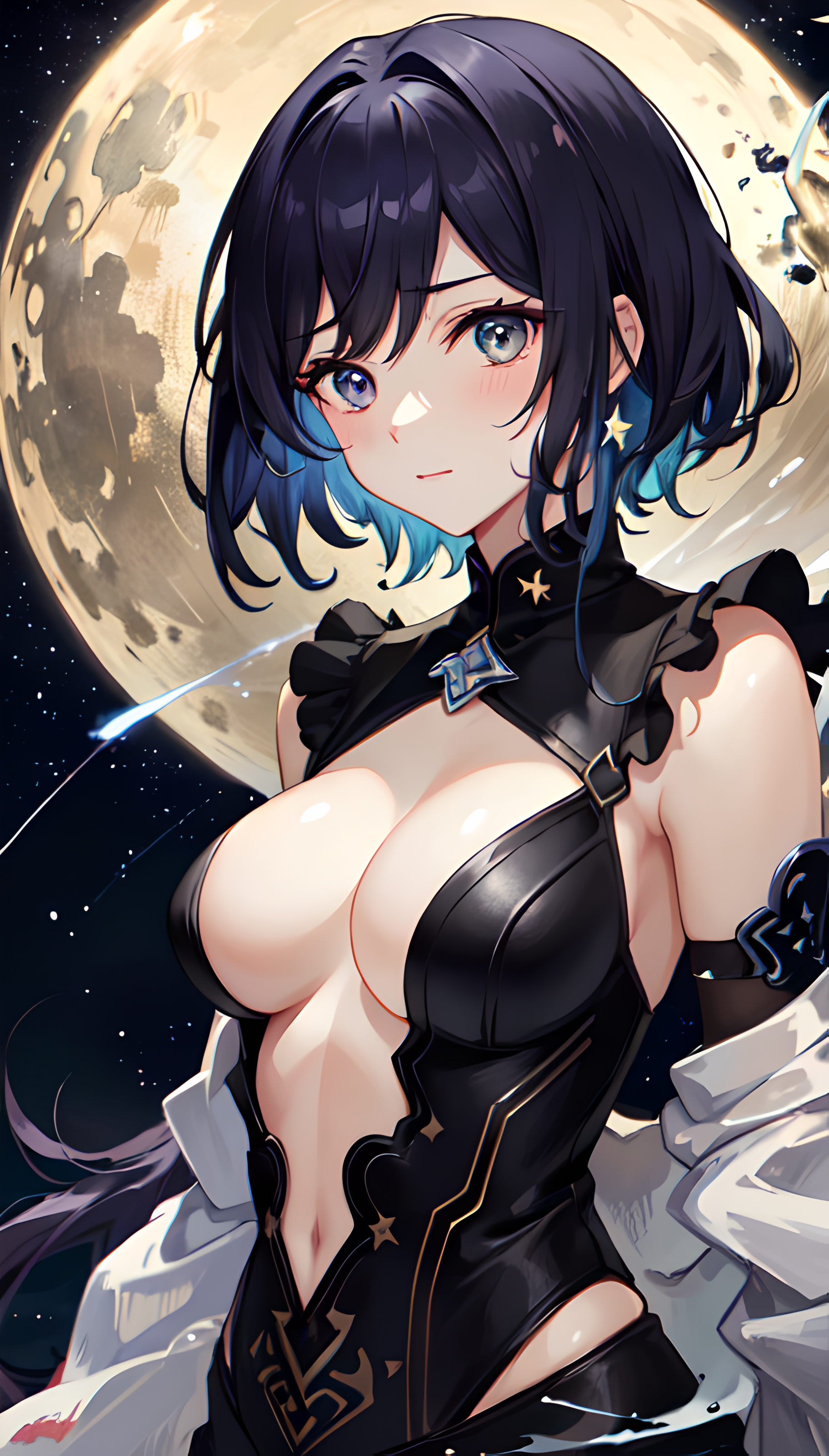 Anime 1824x3200 AI art starry night purple eyes black background anime girls portrait display big boobs looking at viewer blushing stars belly button Moon