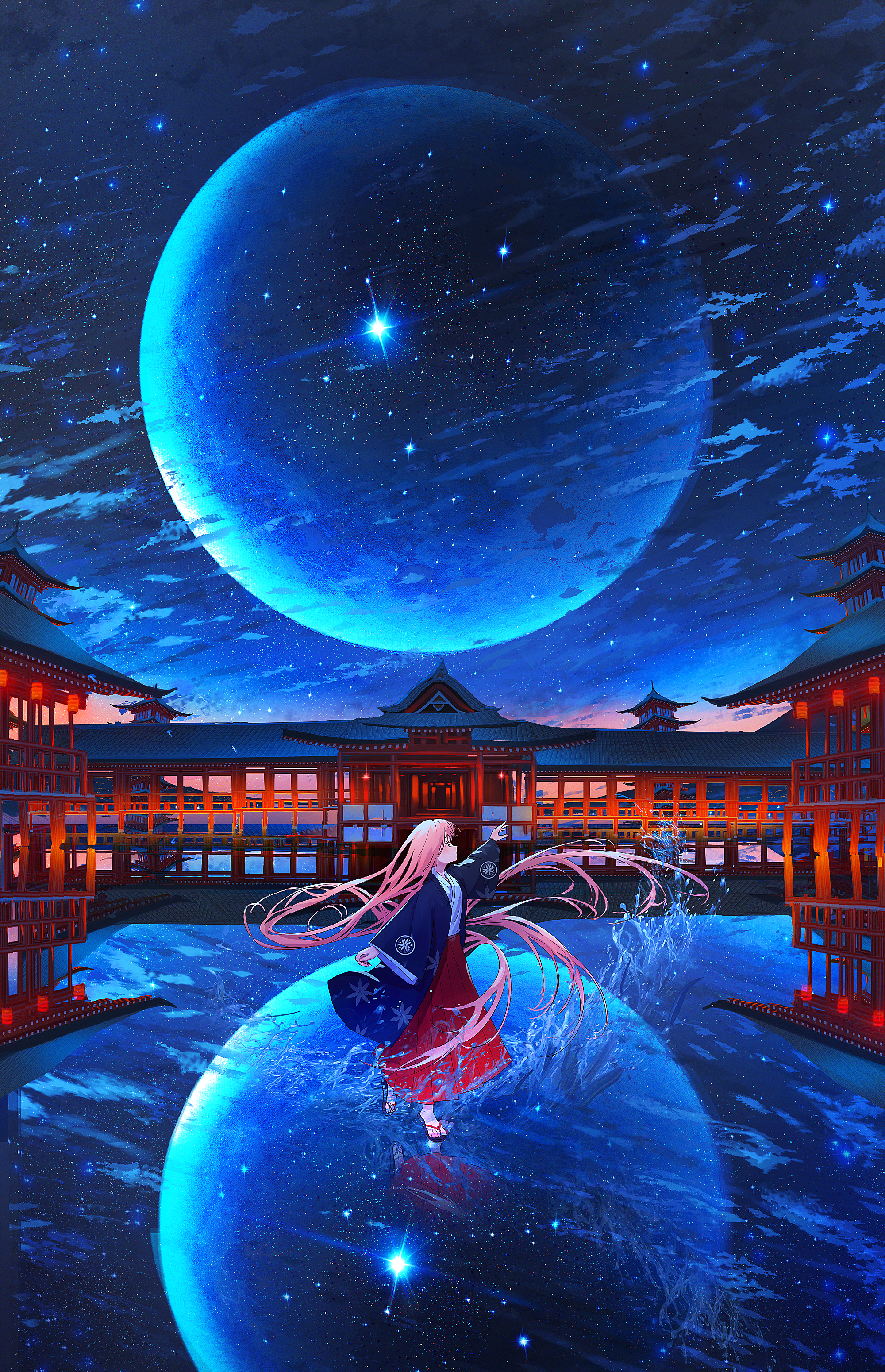 Anime 2000x3100 Kenzo 093 portrait display original characters sky Asian architecture stars night starry night Moon long hair pink hair kimono Japanese clothes clouds sunset anime girls shrine water drops water dancing looking away reflection Itsukushima Shrine pink eyes evening