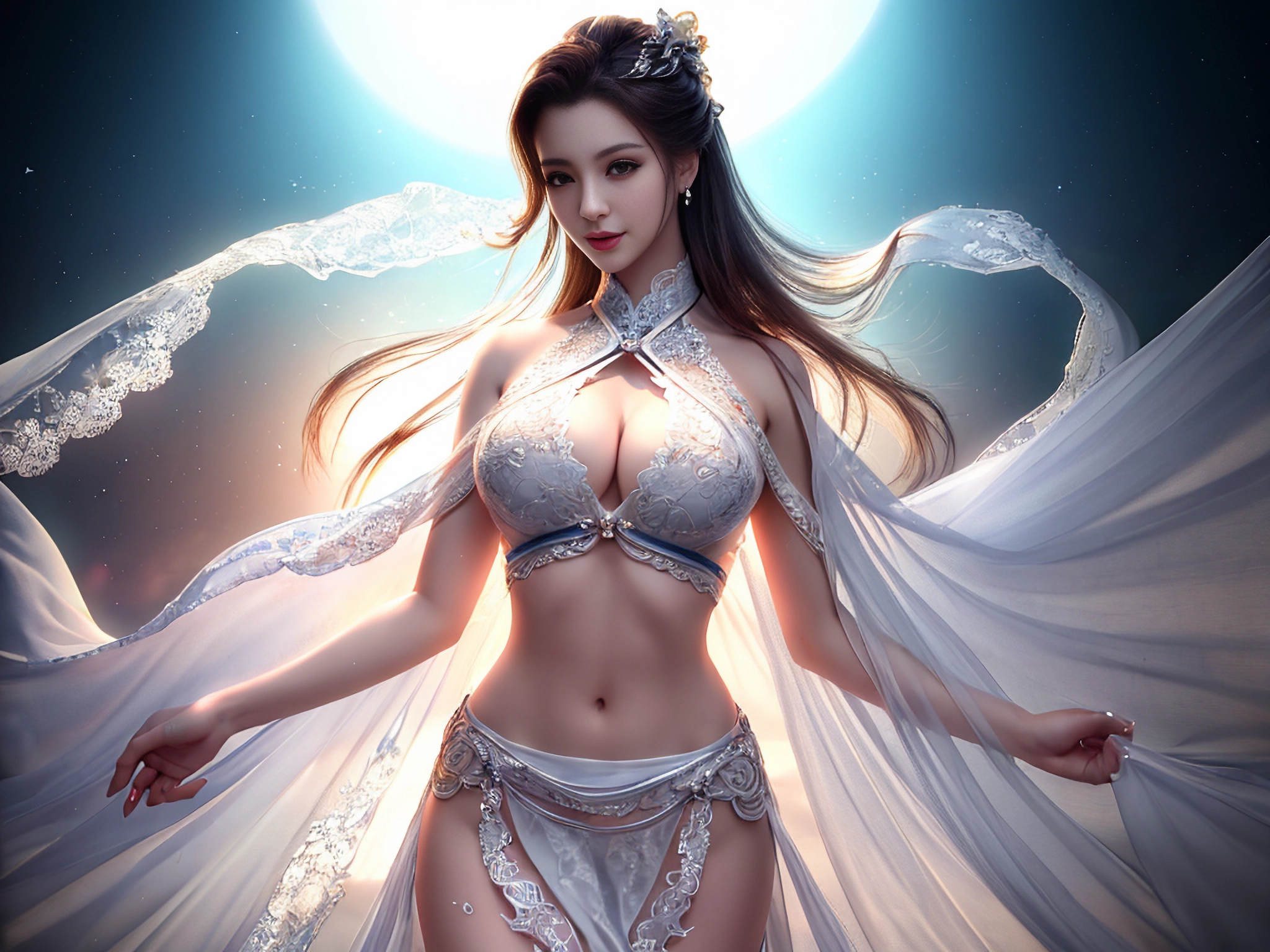 General 2048x1536 AI art white dress hair   women lace lingerie lace underwear dress hair blowing in the wind Moon Side