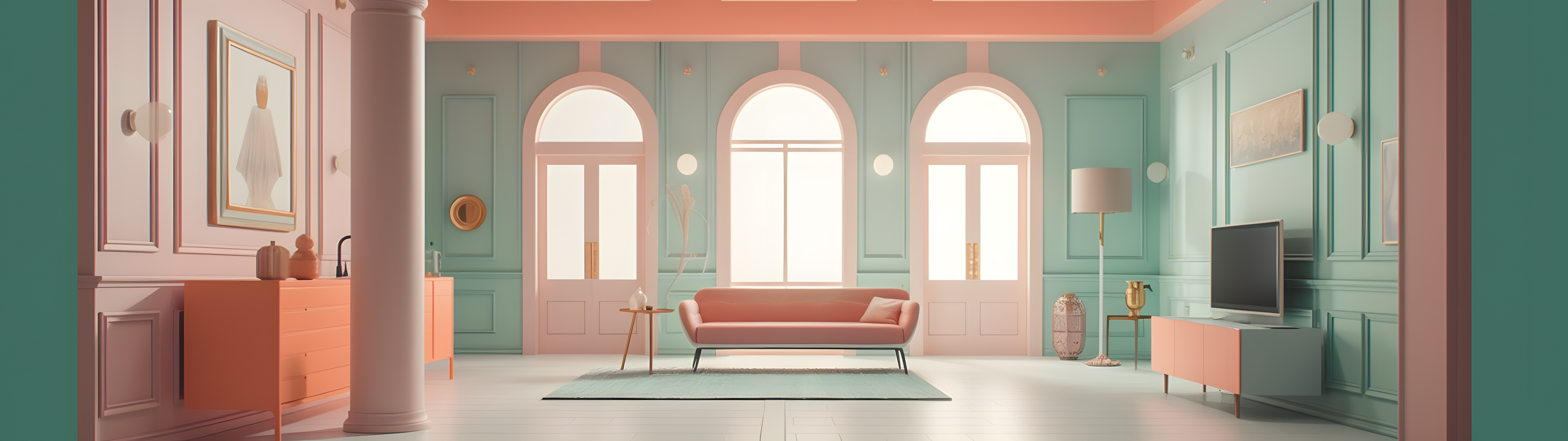 General 5120x1440 AI art minimalism interior design pastel Wes Anderson simple background couch