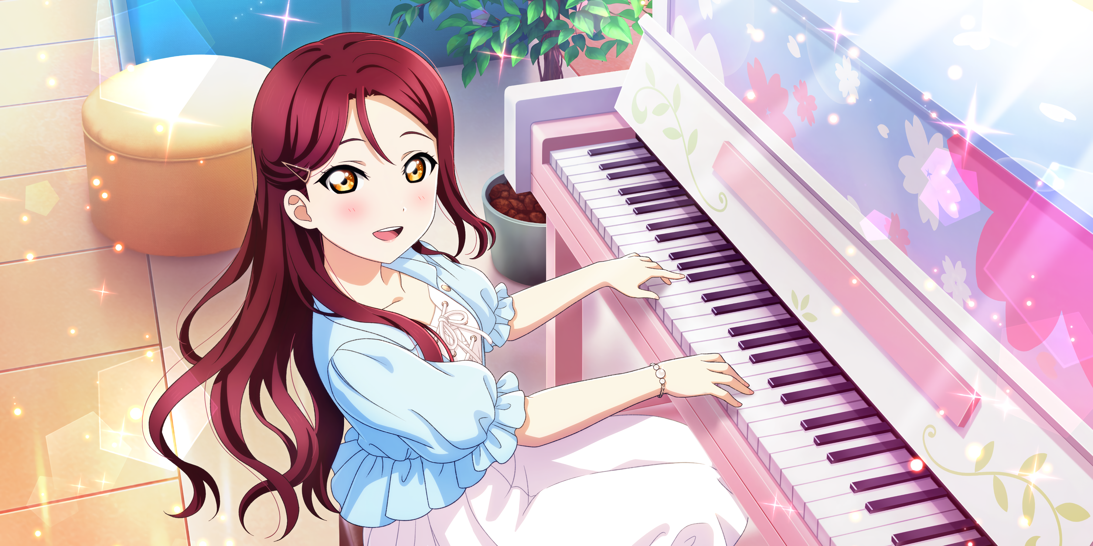 Anime 3600x1800 Sakurauchi Riko Love Live! Sunshine Love Live! anime anime girls piano sparkles blushing musical instrument dress sunlight plants sitting looking at viewer