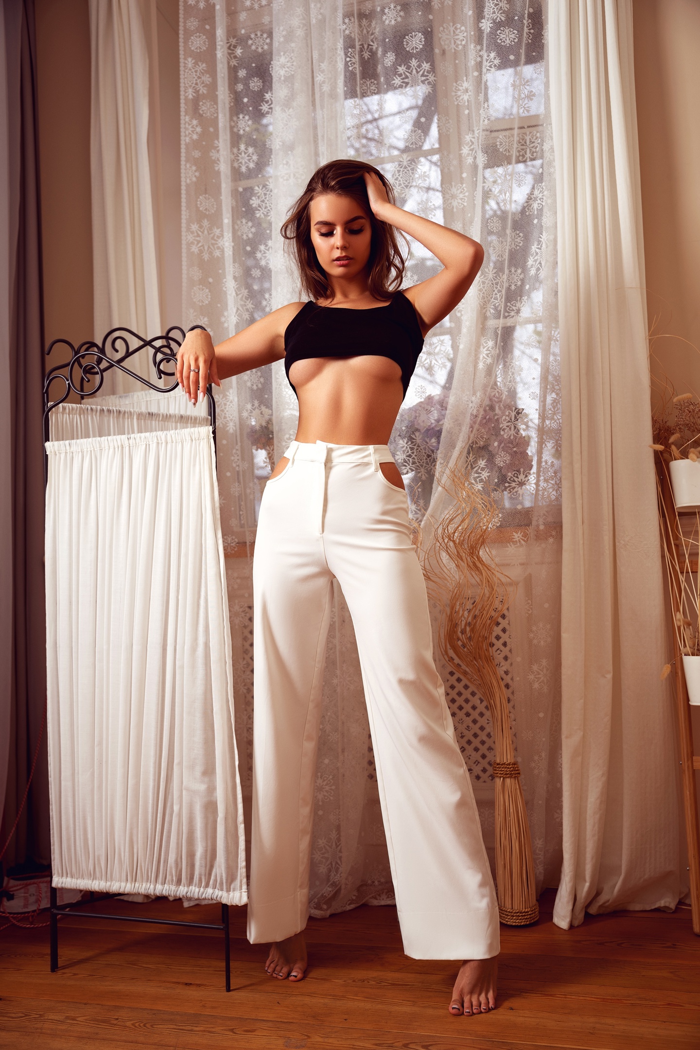 People 1440x2160 Andrey Zhukov women brunette hand(s) in hair underboob barefoot pants curtains