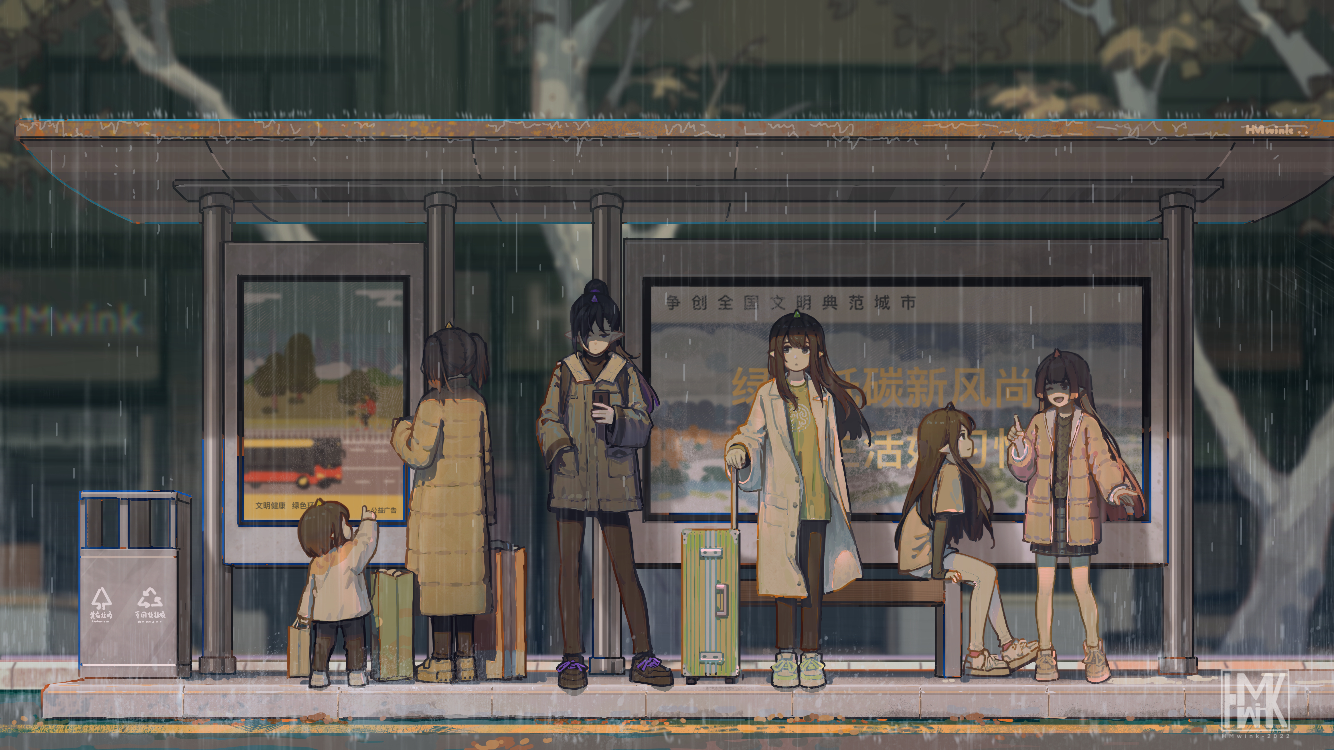 Anime 4661x2622 anime girls artwork original characters coats bus stop rain pointy ears digital art brief case urban Pixiv standing suitcase Hua Ming wink Yun Xi
