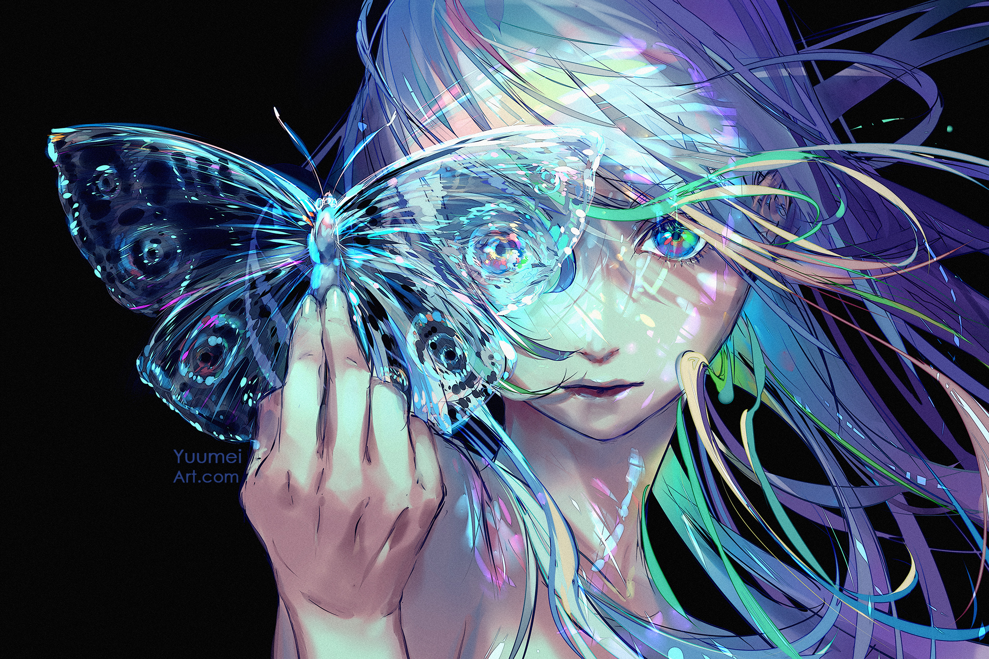 Anime 2025x1350 original characters Yuumei black background multi-colored eyes butterfly long hair gradient hair anime girls insect