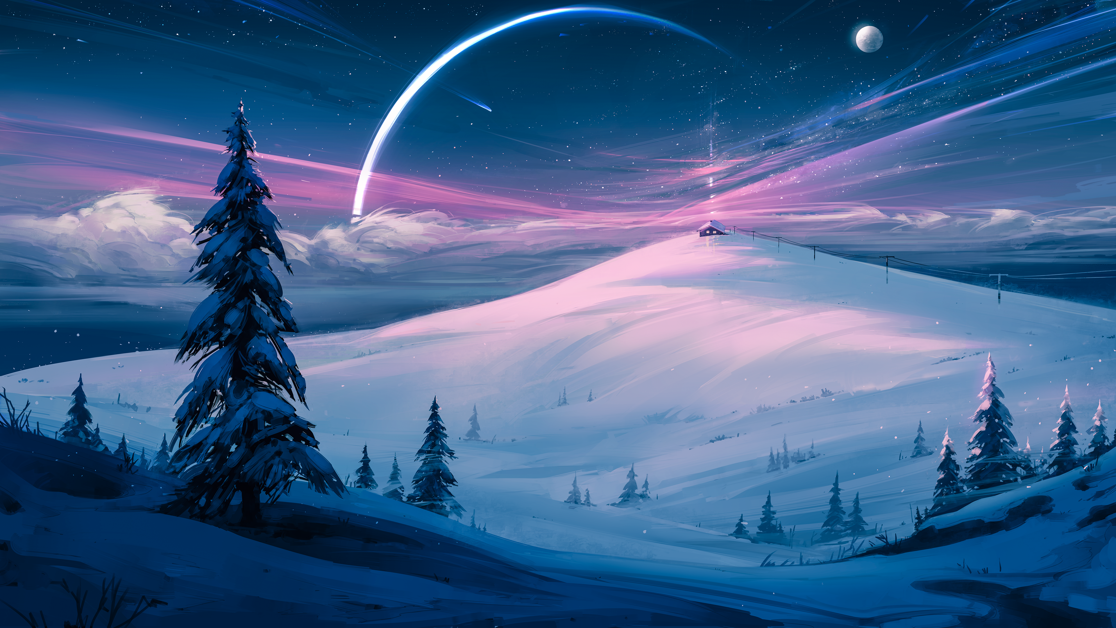 General 3840x2160 Aenami digital art artwork landscape snow winter 4K nature mountains clouds trees stars starry night sky Moon