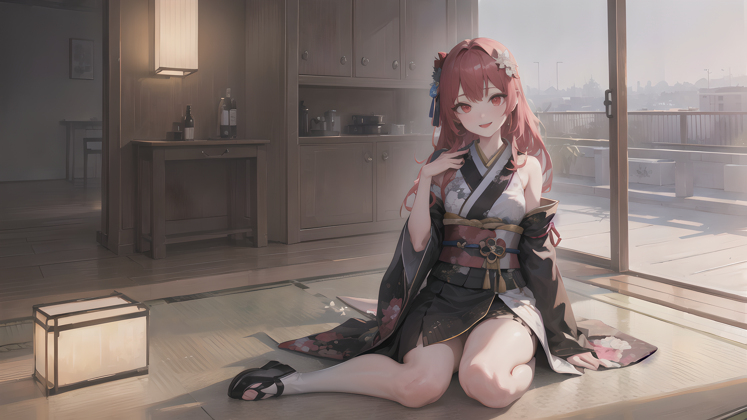 Anime 2560x1440 anime girls AI art kimono flower in hair redhead red eyes interior furnished looking at viewer
