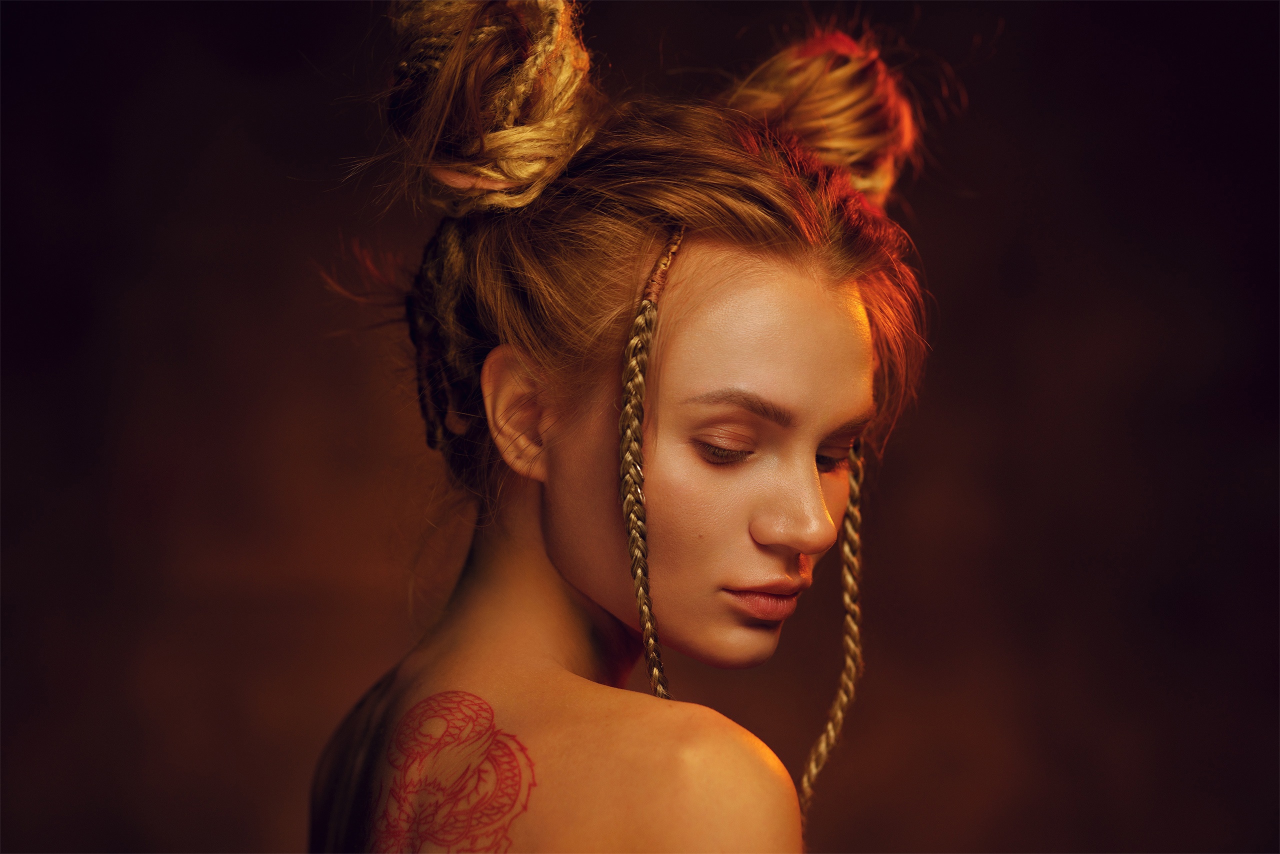 People 2560x1708 Alexander Dyachenko women brunette twintails braids tattoo portrait simple background