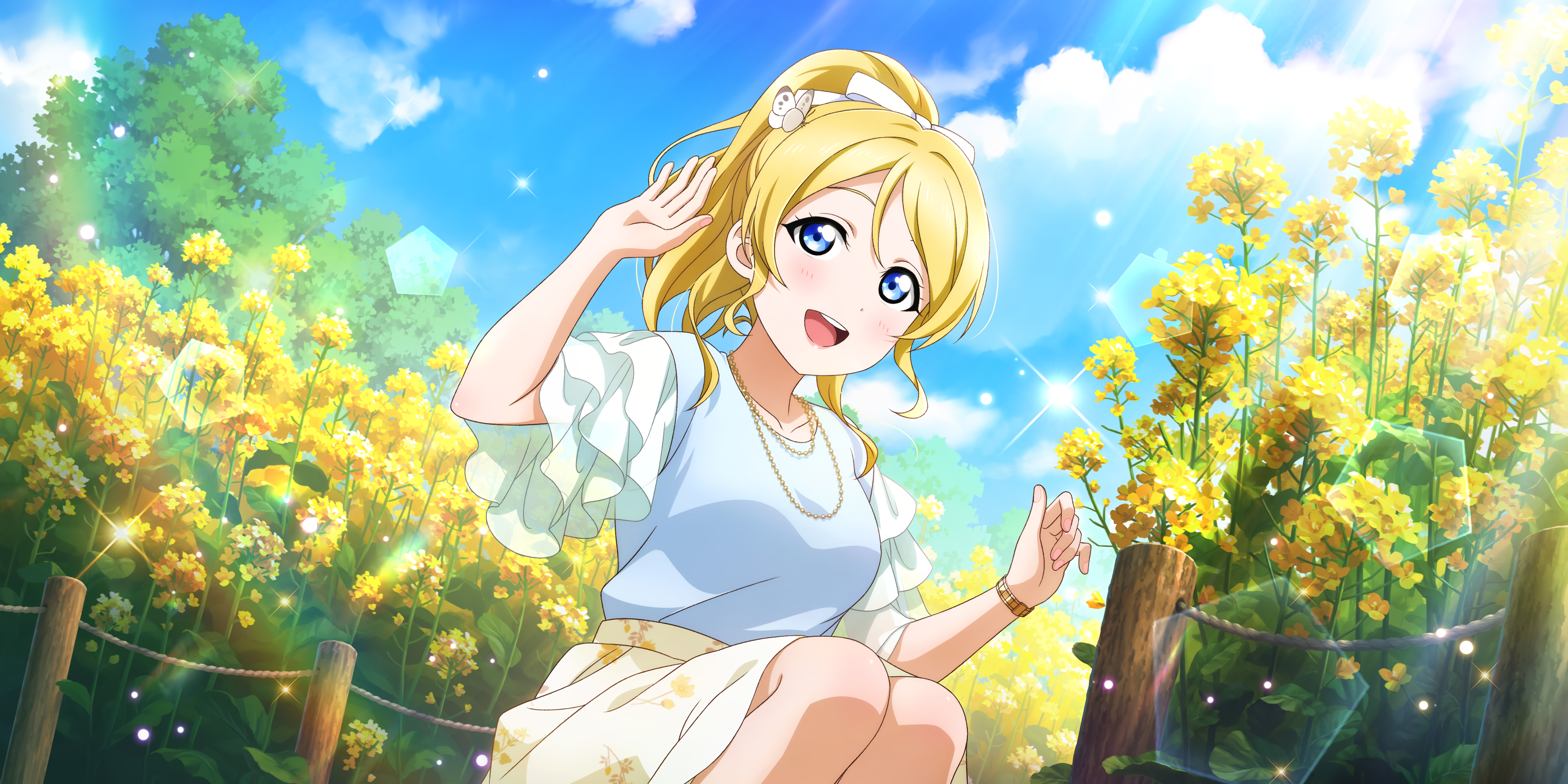 Anime 3600x1800 Ayase Eli Love Live! outdoors yellow flowers trees sparkles clear sky clouds blonde blue eyes anime anime girls stars sunlight squatting ponytail blushing sky