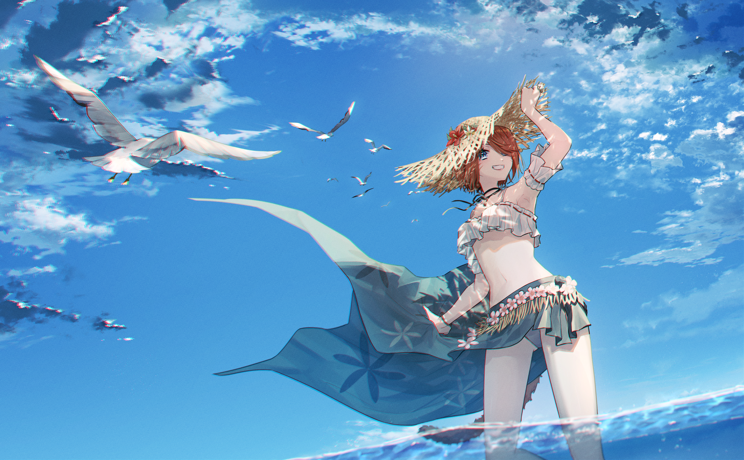 Anime 2582x1596 anime girls water original characters sky clouds looking away short hair redhead blue eyes smiling standing in water birds animals seagulls swimwear bikini armpits choker detached sleeves belly tail hair over one eye sarong straw hat sun hats flowers hat Sarong skirt tngn96