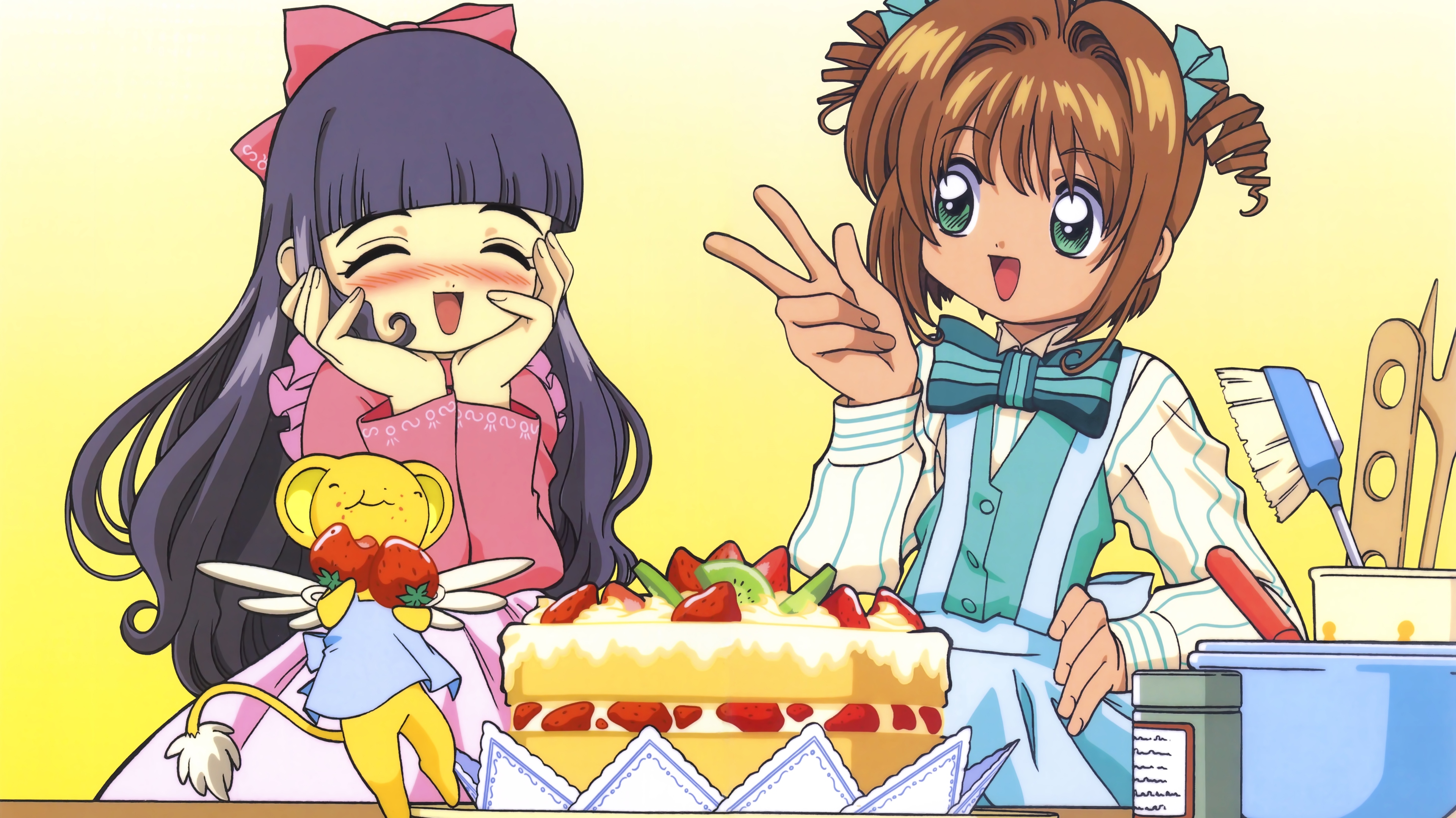 Anime 3840x2160 Cardcaptor Sakura Sakura Kinomoto magical girls anime girls 4K blushing peace sign closed eyes bow tie cake fruit apron