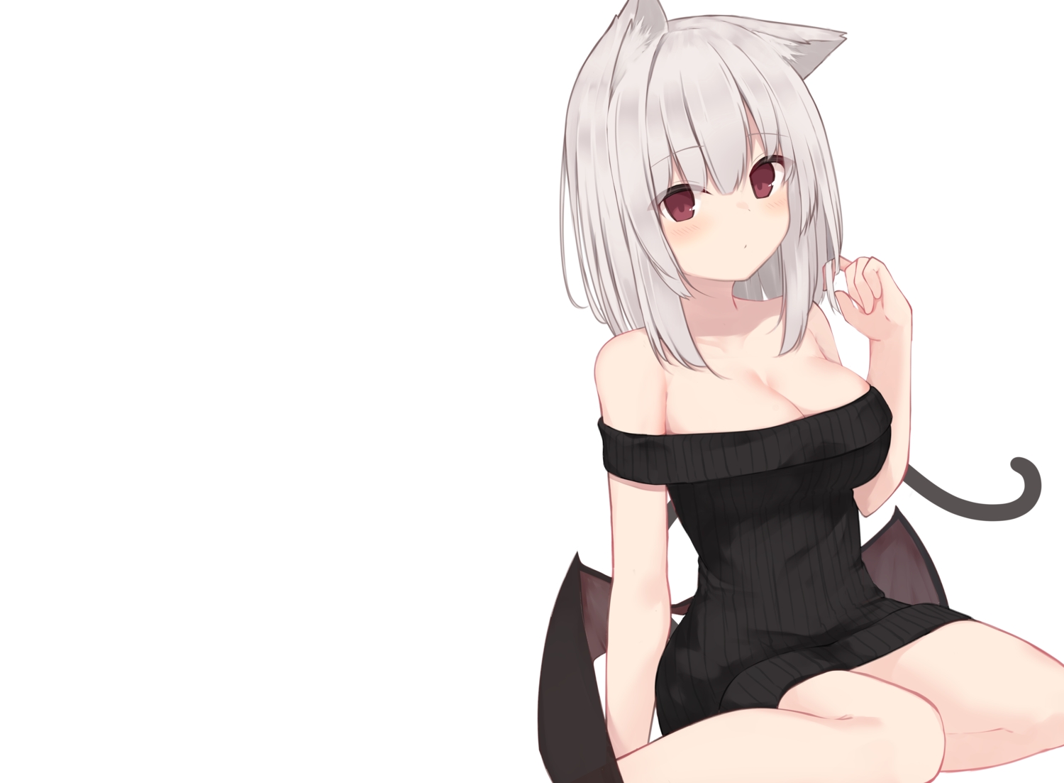 Anime 1500x1103 anime girls red eyes tail simple background sweater white background Memekko minimalism cat girl cat ears wings short hair closed mouth cat tail looking at viewer cleavage big boobs bare shoulders hand(s) in hair bent legs