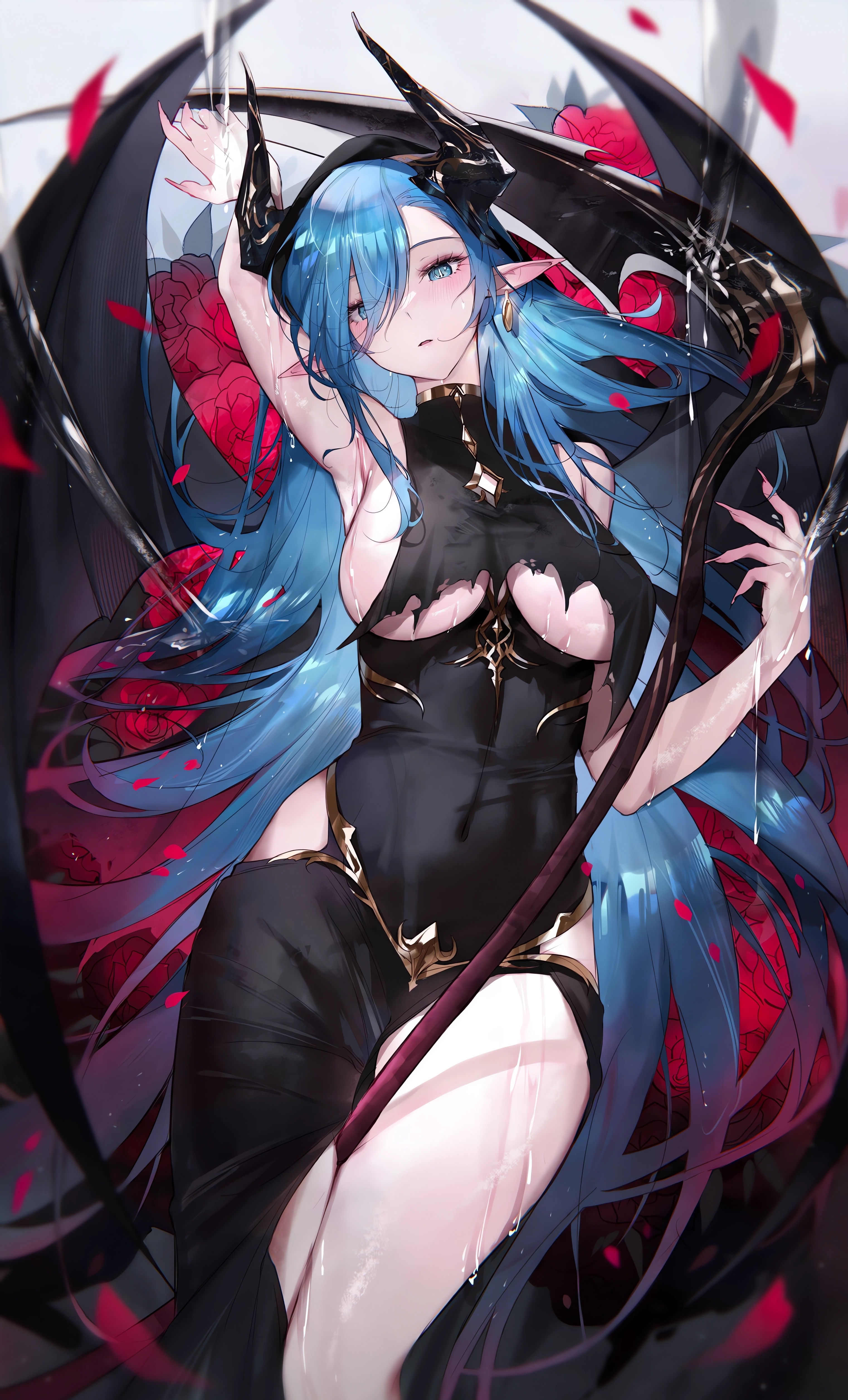 Anime 3044x5022 anime anime girls Azur Lane long hair Mary Celeste (Azur Lane) portrait display blue hair pointy ears big boobs looking at viewer blue eyes armpits rose scythe weapon wet horns wet body torn clothes petals flowers earring blushing thighs wings Qiandaiyiyu