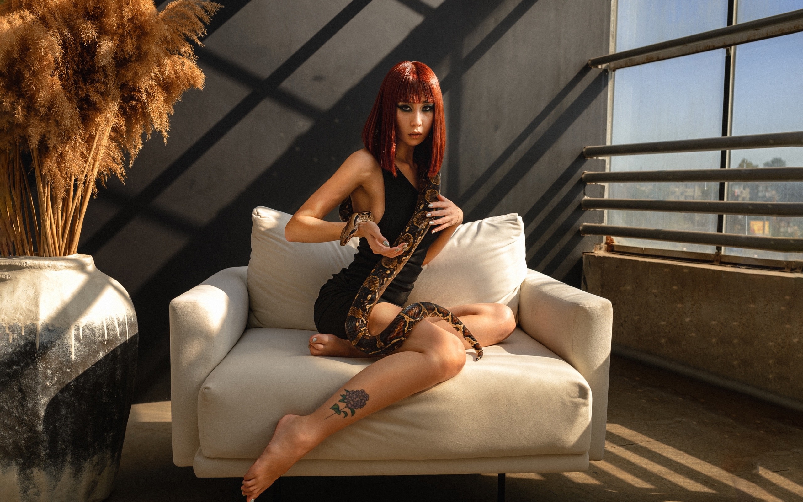People 2560x1600 Vanessa Kerroll women redhead makeup snake black dress barefoot armchair thighs