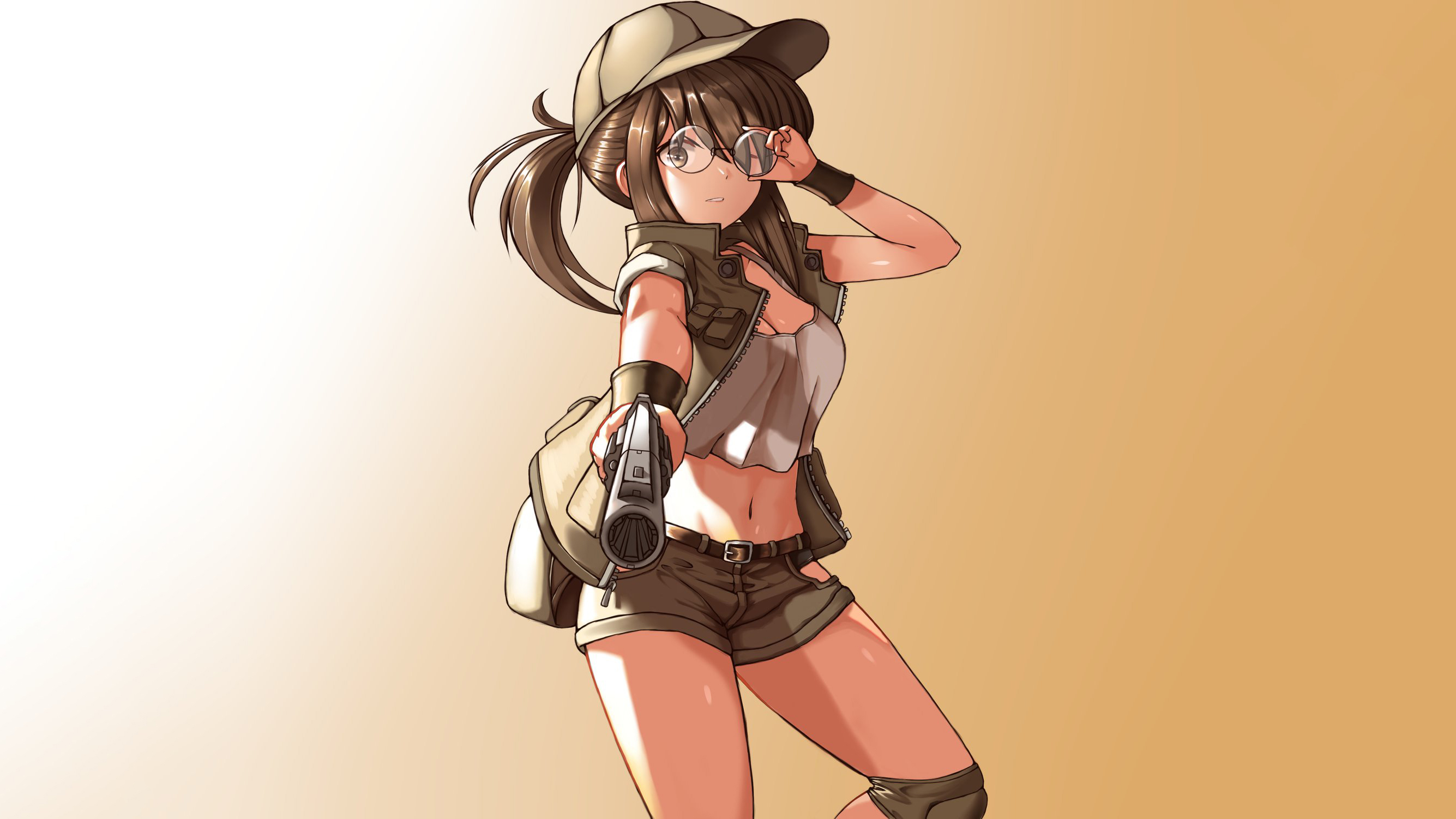 Anime 2670x1502 video game girls Fio Germi Metal Slug gun hat touching glasses belly short shorts crop top jacket women with glasses ponytail long hair looking below boobs bracelets SNK looking at viewer glasses video games belly button at gunpoint brunette brown eyes shorts one eye closed minimalism simple background
