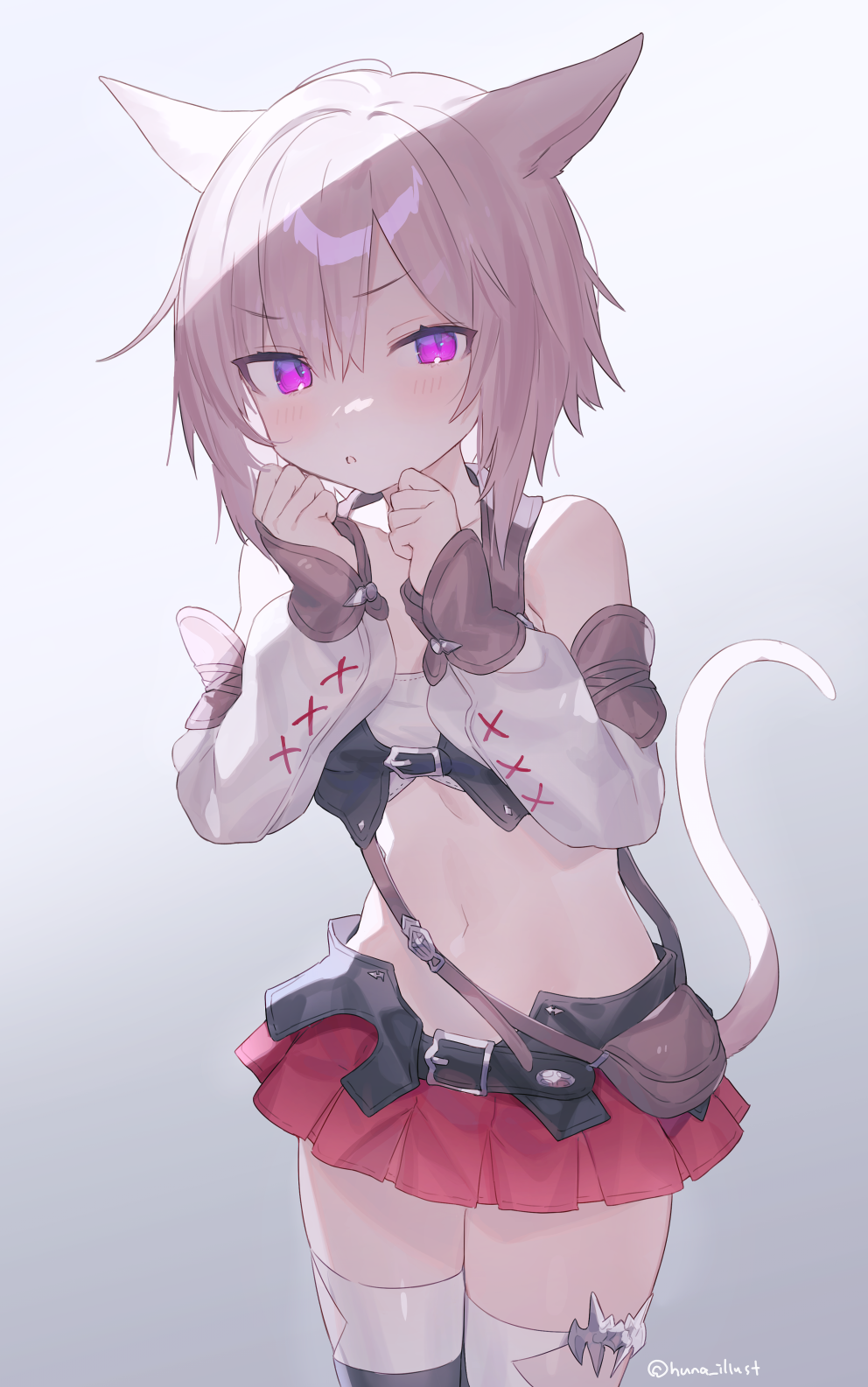 Anime 992x1585 anime girls women portrait display cat girl cat ears cat tail miniskirt bare shoulders watermarked blushing belly belly button purple eyes short hair looking at viewer standing simple background frills cat eyes minimalism skirt Final Fantasy Warrior of Light (Final Fantasy)