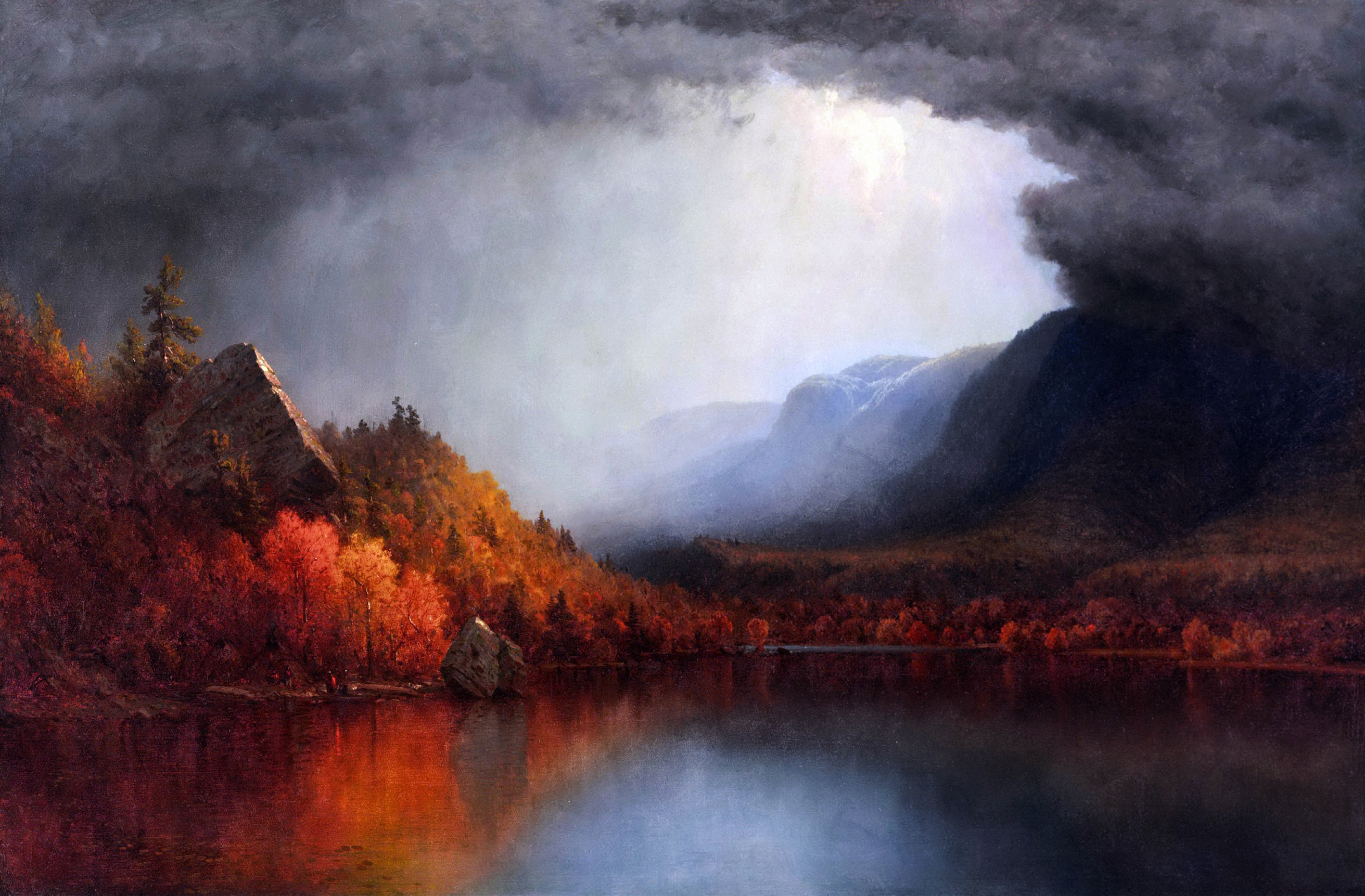 General 2623x1723 landscape mountains trees water clouds sky storm fall painting artwork digital art reflection