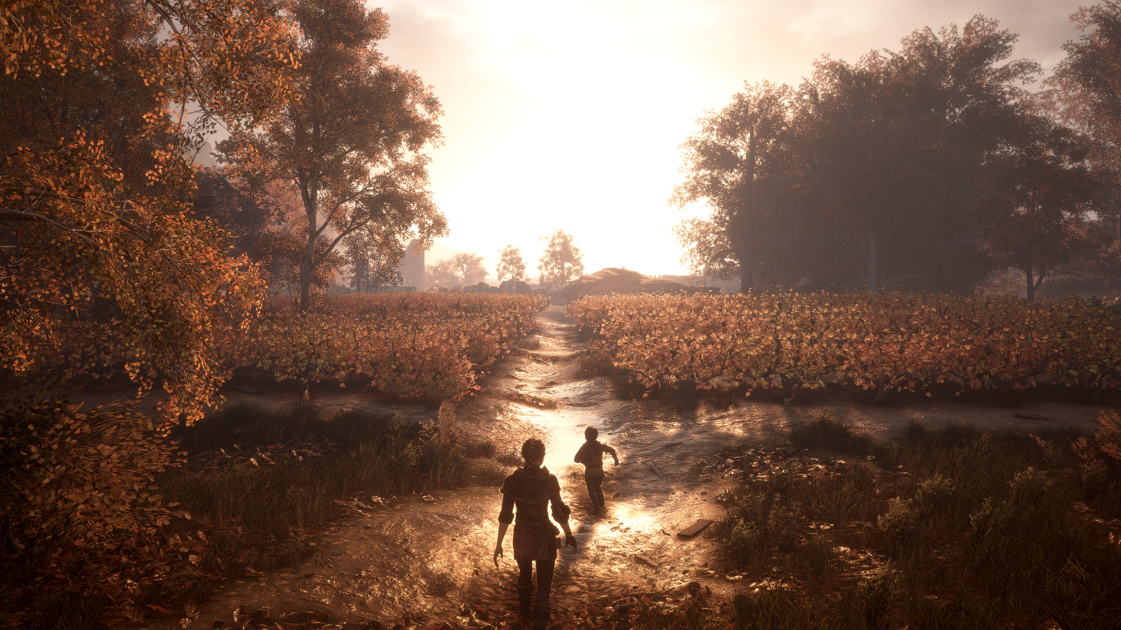 General 3840x2160 A Plague Tale Innocence CGI video games Hugo (A Plague Tale Innocence) field trees running women children Amicia video game art video game characters sunlight