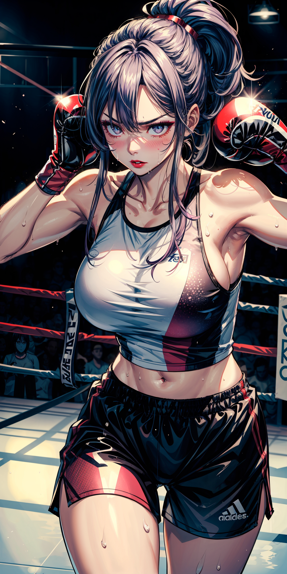 Anime 1000x2000 anime Stable Diffusion digital art big boobs nipples sport boxing AI art purple hair portrait display anime girls boxing gloves looking at viewer sideboob armpits boxing ring shorts belly button sweat sweaty body blushing