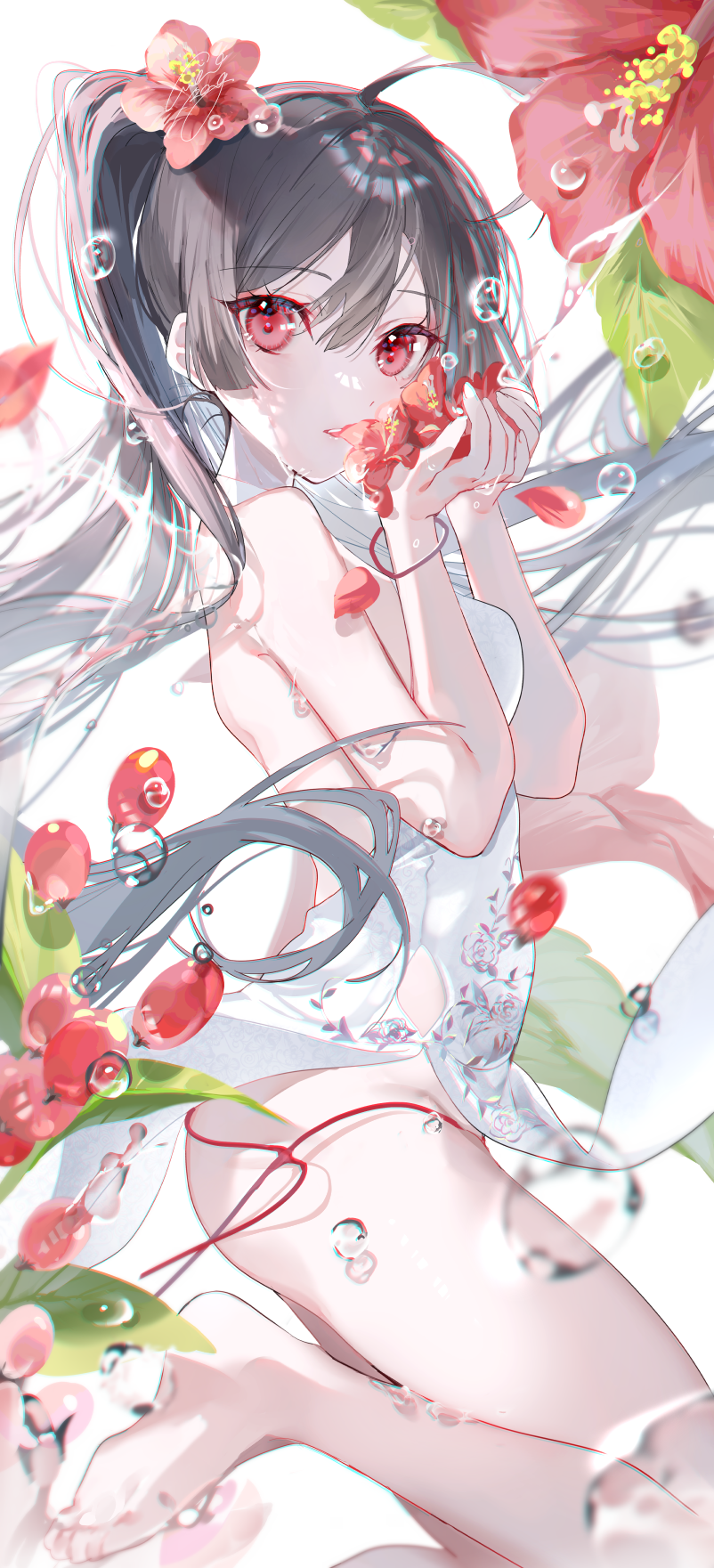 Anime 802x1761 anime girls portrait display black hair flower in hair red eyes looking at viewer long hair red flowers hibiscus white dress backless dress petals fruit simple background bubbles white background sideboob underwater bareback signature miwano ragu ahoge leaves foot sole barefoot dress