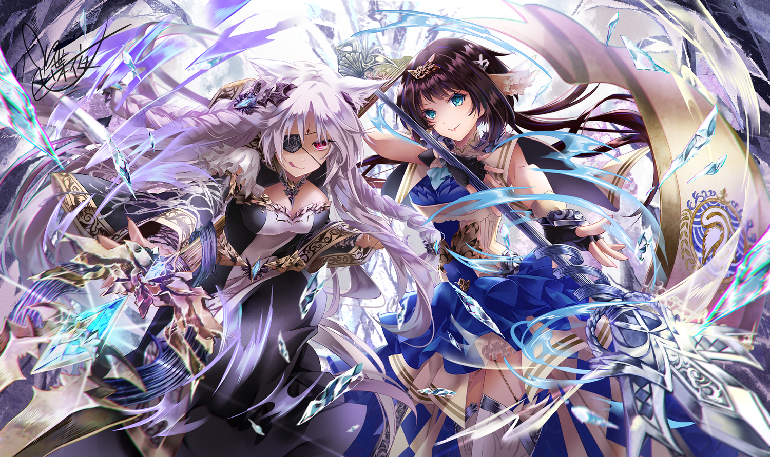 Anime 1500x891 anime anime girls animal ears spear eyepatches blue eyes long hair wolf girls wolf ears looking at viewer signature lance weapon tongue out smiling skirt frills