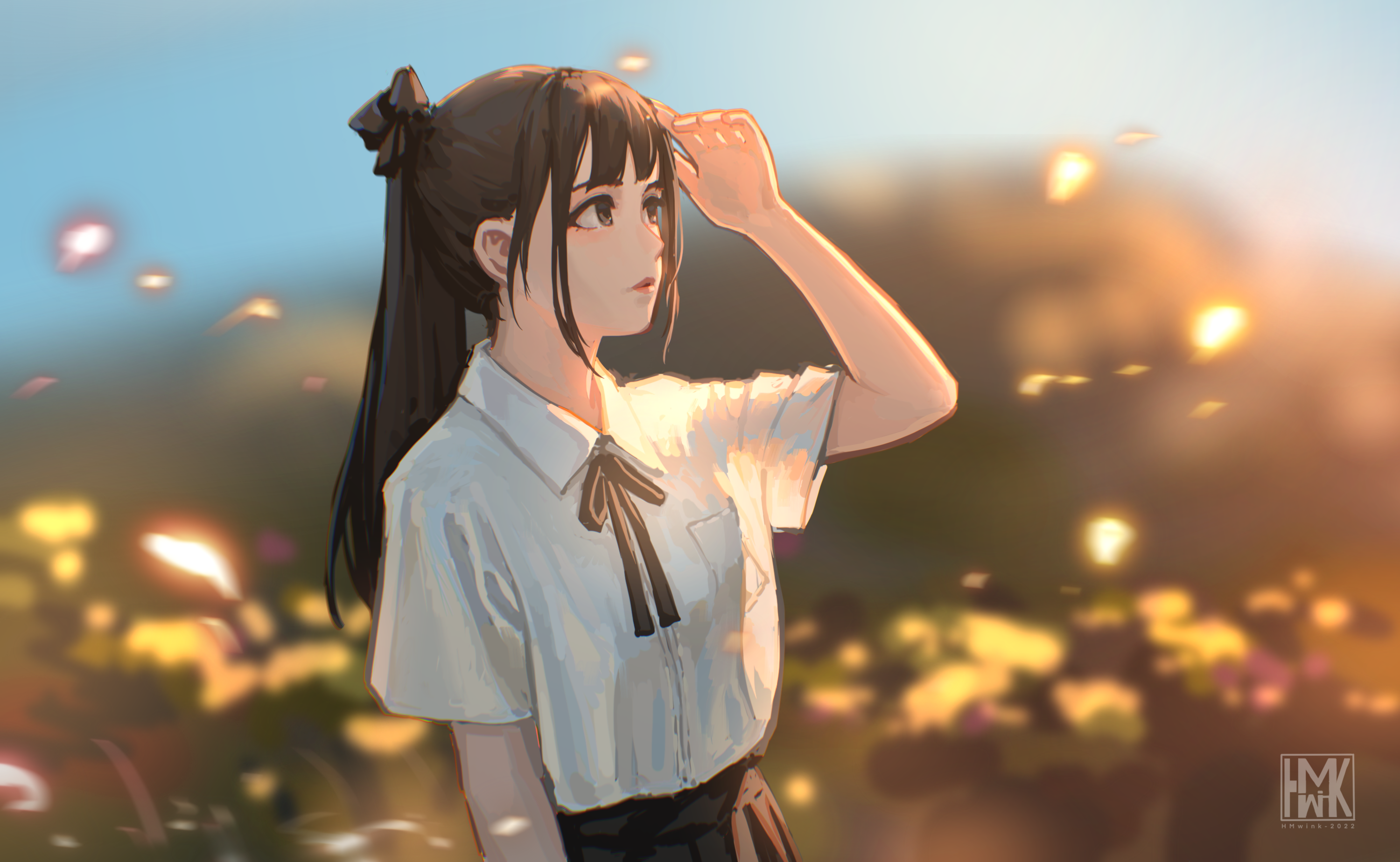Anime 3000x1848 black hair students dark hair long hair looking into the distance white shirt ponytail blurred blurry background looking away anime girls schoolgirl school uniform sunlight watermarked