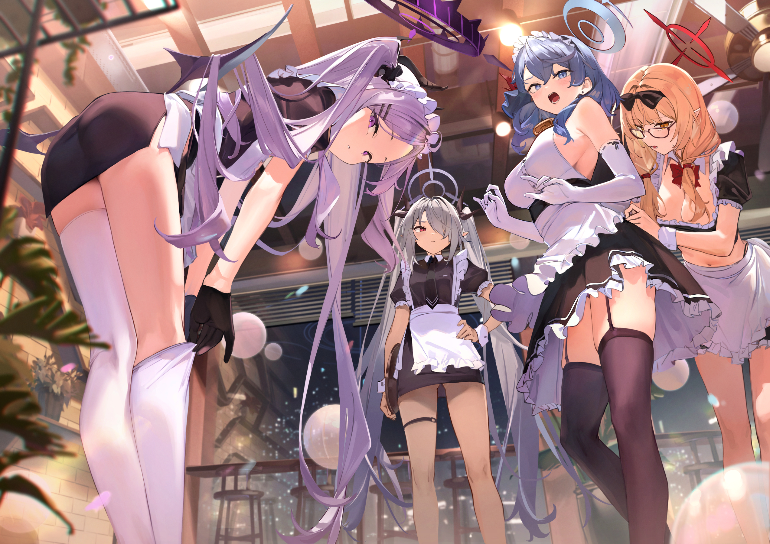 Anime 2546x1800 Blue Archive maid outfit anime girls low-angle Amau Ako (Blue Archive) Hinomiya Chinatsu apron Sorasaki Hina (Blue Archive) Shiromi Iori looking back women quartet undressing group of women sideboob alternate costume glasses pointy ears black stockings white stockings long hair white apron thigh-highs maid women indoors white gloves wrist cuffs hair over one eye horns black wings open mouth looking at viewer gloves 7gao elbow gloves bent over cleavage