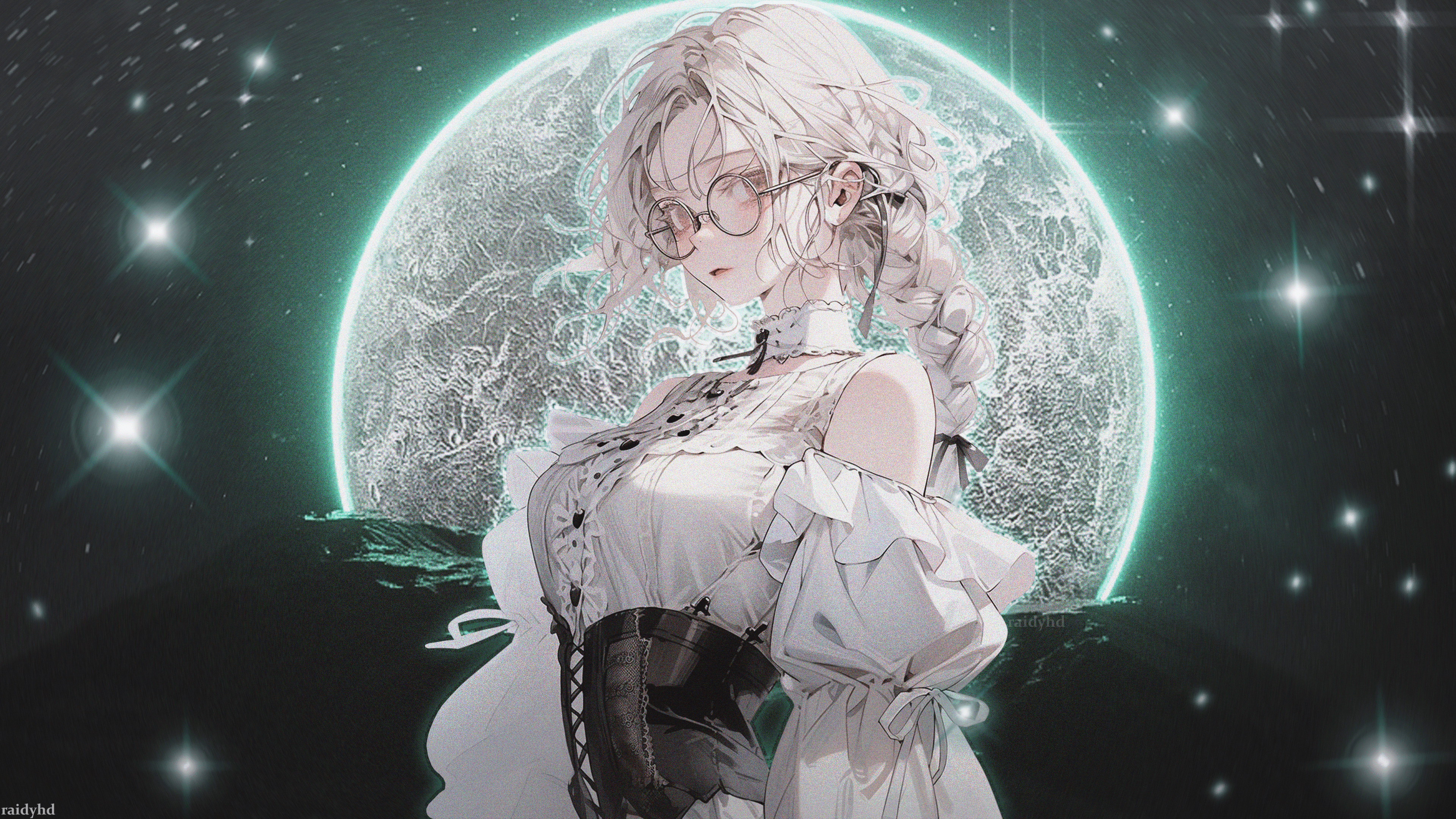 Anime 3840x2160 anime anime girls Moon glasses dress looking at viewer ponytail long hair bare shoulders digital art