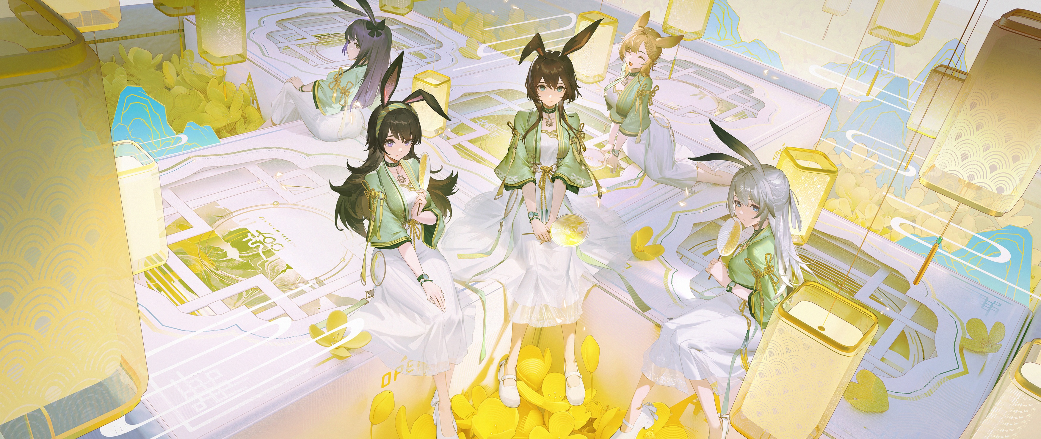 Anime 3500x1477 Arknights bunny ears anime girls dacheng ad group of women sitting animal ears paper lantern looking at viewer dress white dress looking back Amiya (Arknights) lantern April(Arknights) long hair Kroos(Arknights) flowers Rope (Arknights) smiling Savage (Arknights) collar yellow flowers hand fan vest women indoors