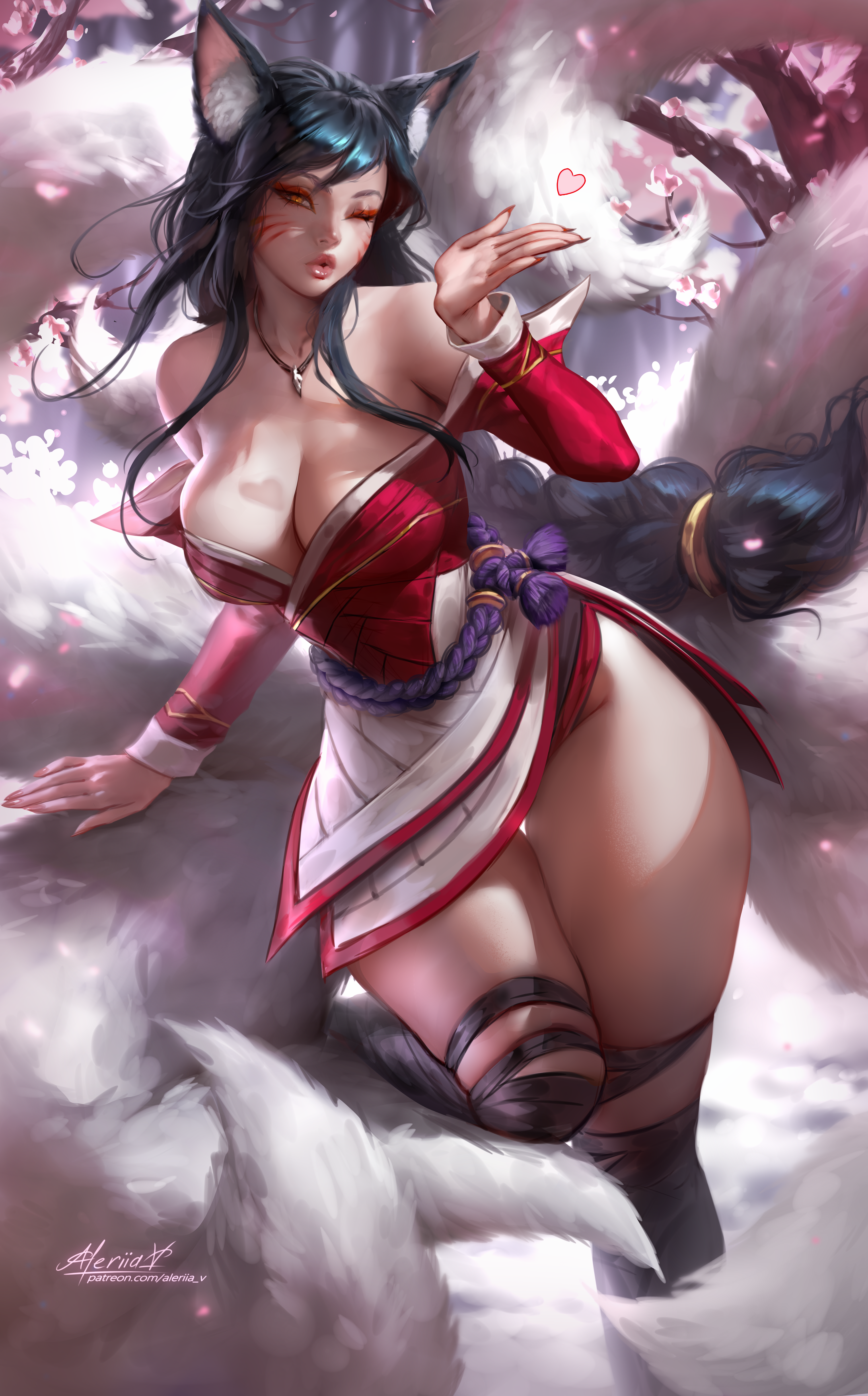 General 3918x6300 Ahri (League of Legends) League of Legends video game characters fantasy girl artwork drawing fan art Lera Pi video games looking at viewer heart video game girls wink blowing kisses big boobs signature watermarked portrait display fox girl fox ears fox tail one eye closed cleavage
