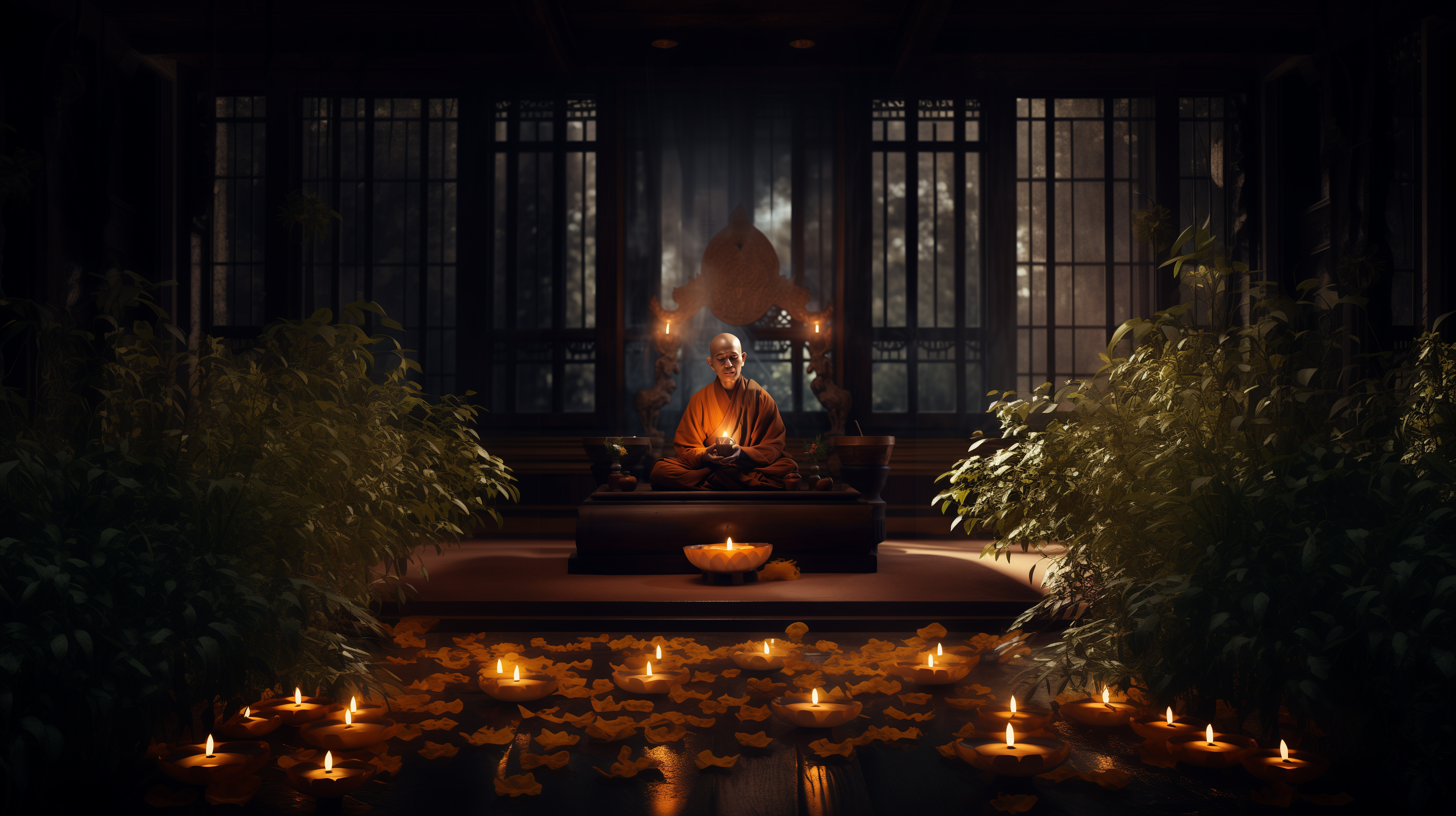 General 2912x1632 Buddhism temple meditation candles plants digital art AI art