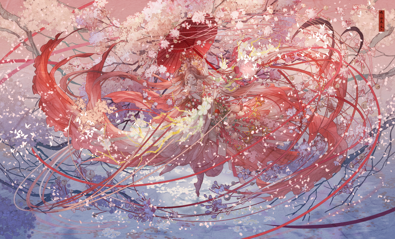 Anime 1322x800 anime anime girls cherry blossom petals umbrella closed eyes long hair trees dress branch