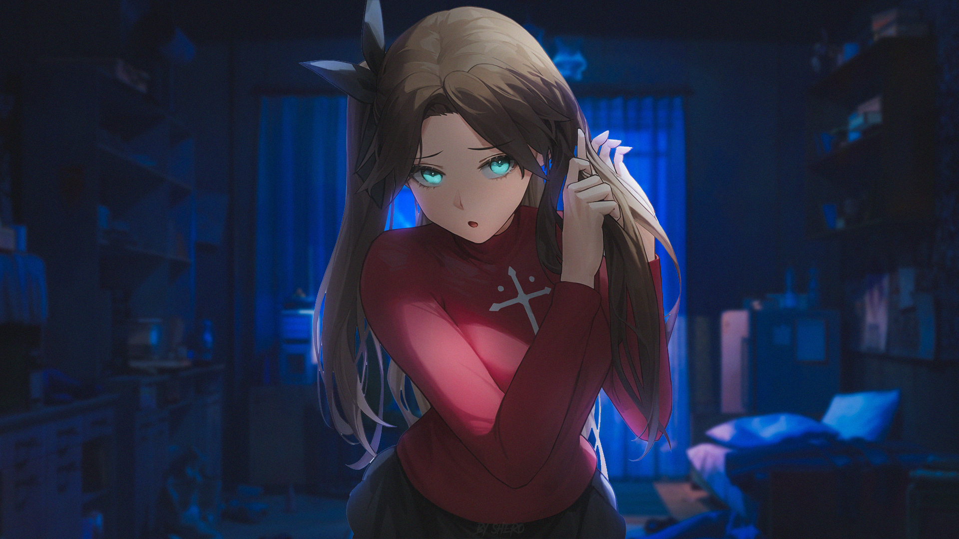 Anime 1920x1080 Fate series anime anime girls room Japan Tohsaka Rin looking at viewer long hair hand(s) in hair blue eyes brunette