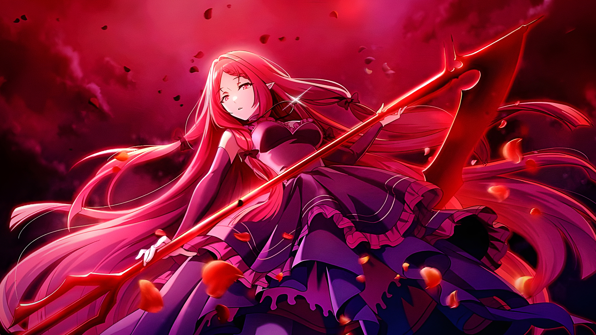 Anime 1920x1080 The Eminence in Shadow anime vampire girl scythe red moon anime girls long hair frill dress looking at viewer frills pointy ears petals necklace night sky clouds hair bows