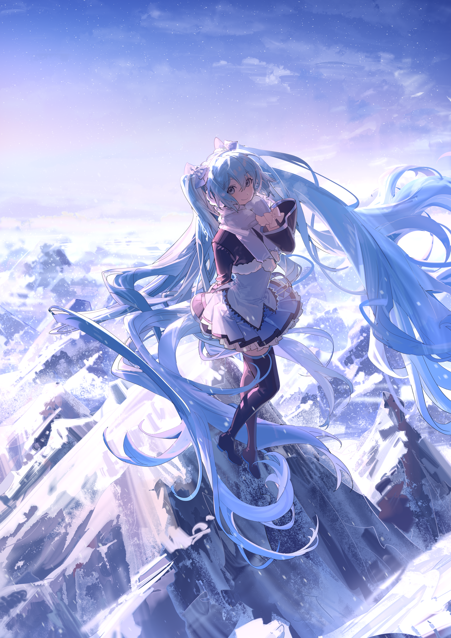 Anime 1447x2046 anime Pixiv anime girls dress long hair twintails blue hair blue eyes looking at viewer sky mountains clouds portrait display scarf gloves smiling snow Shuno (artist)