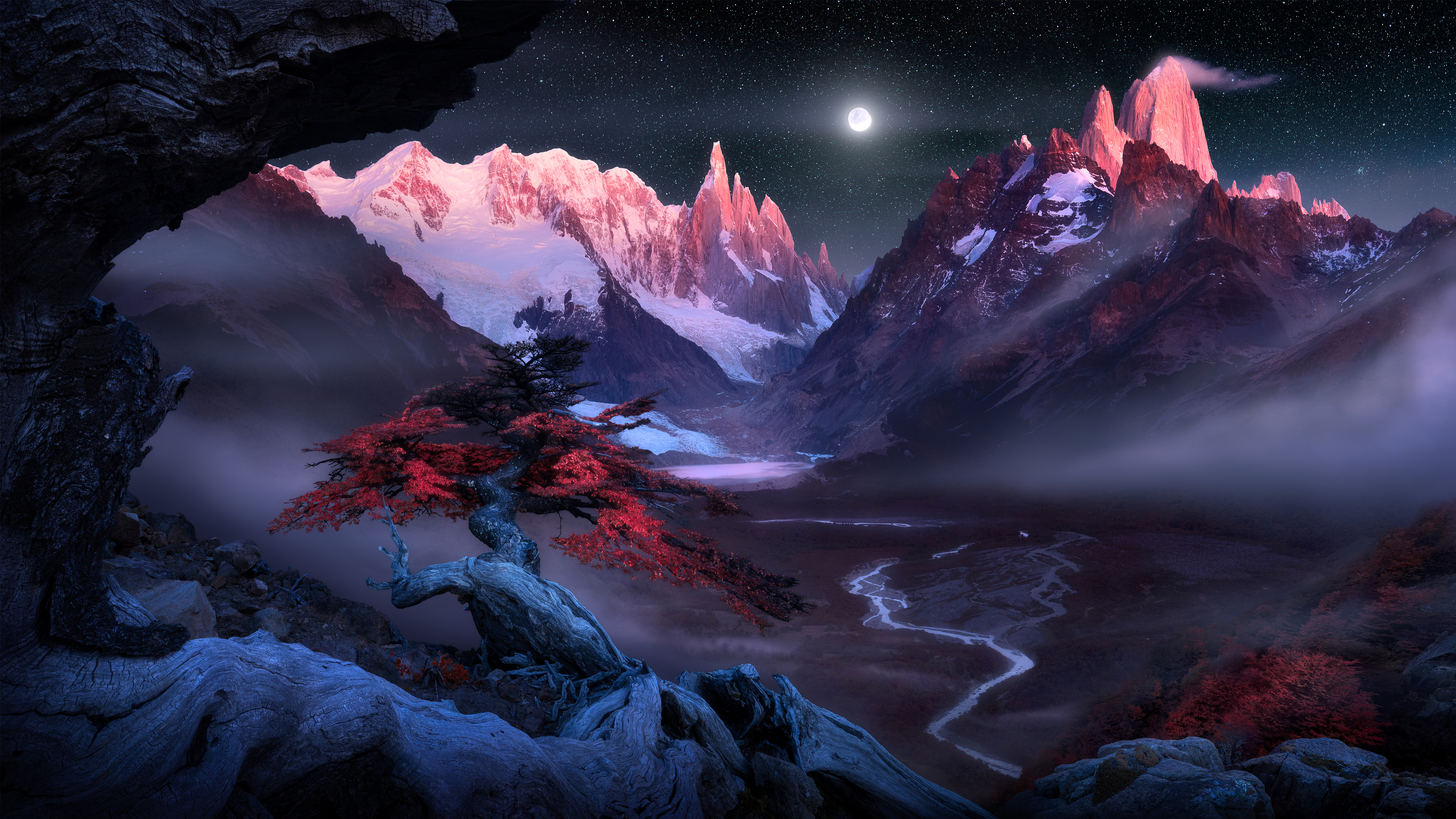General 5120x2881 landscape nature mountains Patagonia trees night Moon river mist snow nightscape starry night moonlight full moon stars snowy mountain Argentina digital art