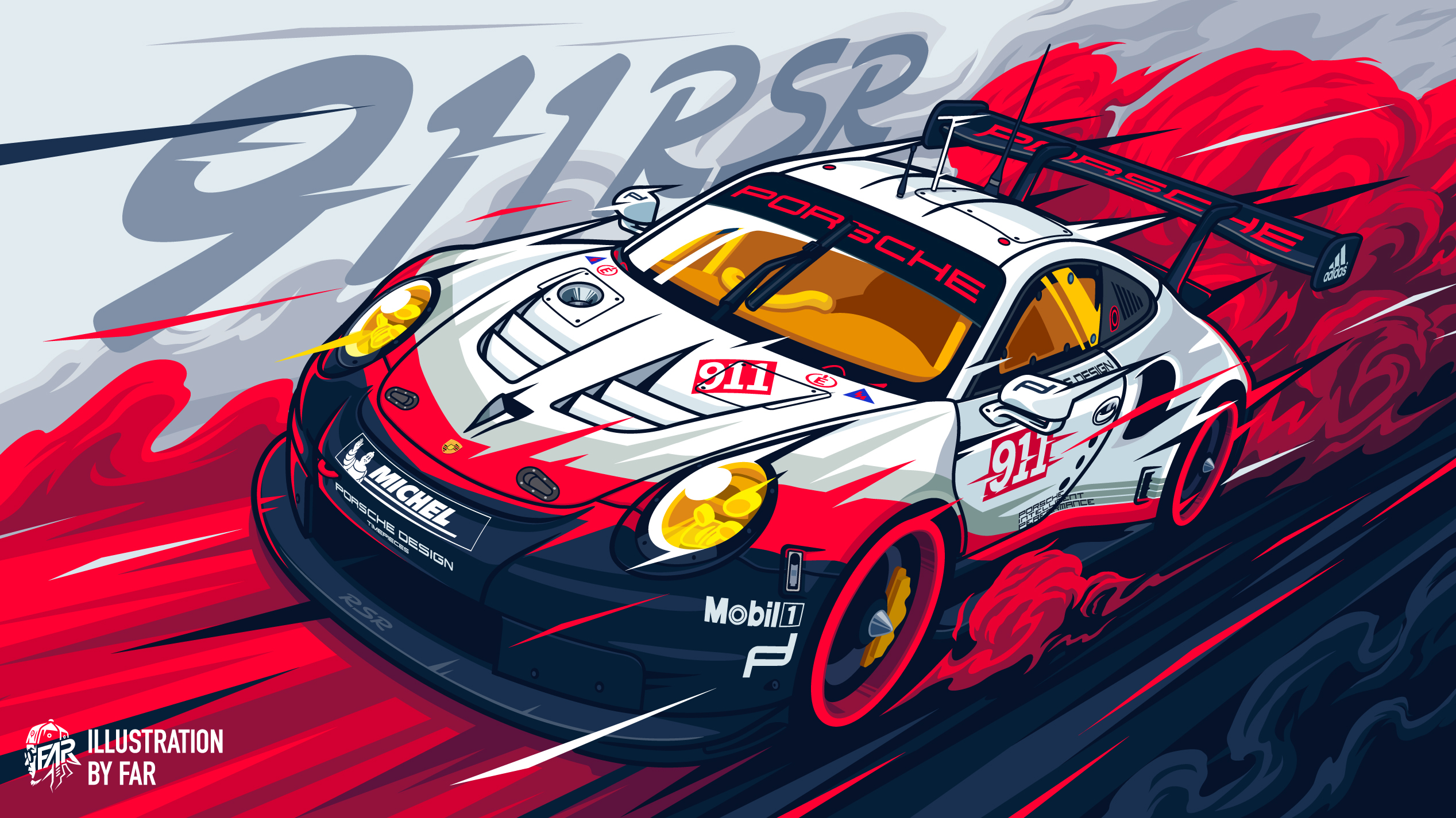 General 2535x1425 digital art artwork illustration car vehicle Porsche Porsche 911 RSR race cars smoke car spoiler frontal view