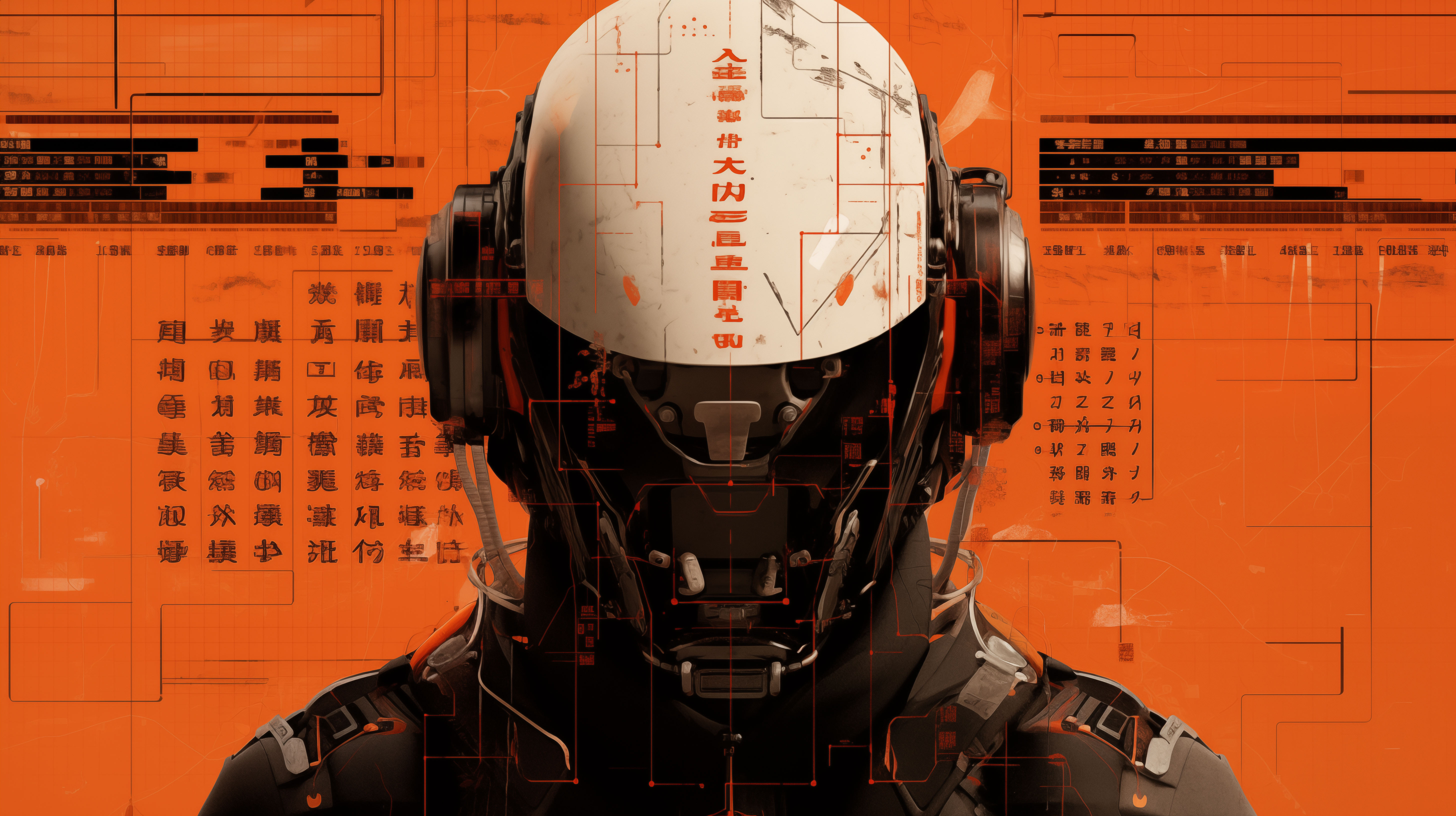 General 5824x3264 helmet symbols orange black poster digital art headphones technology simple background AI art Japanese